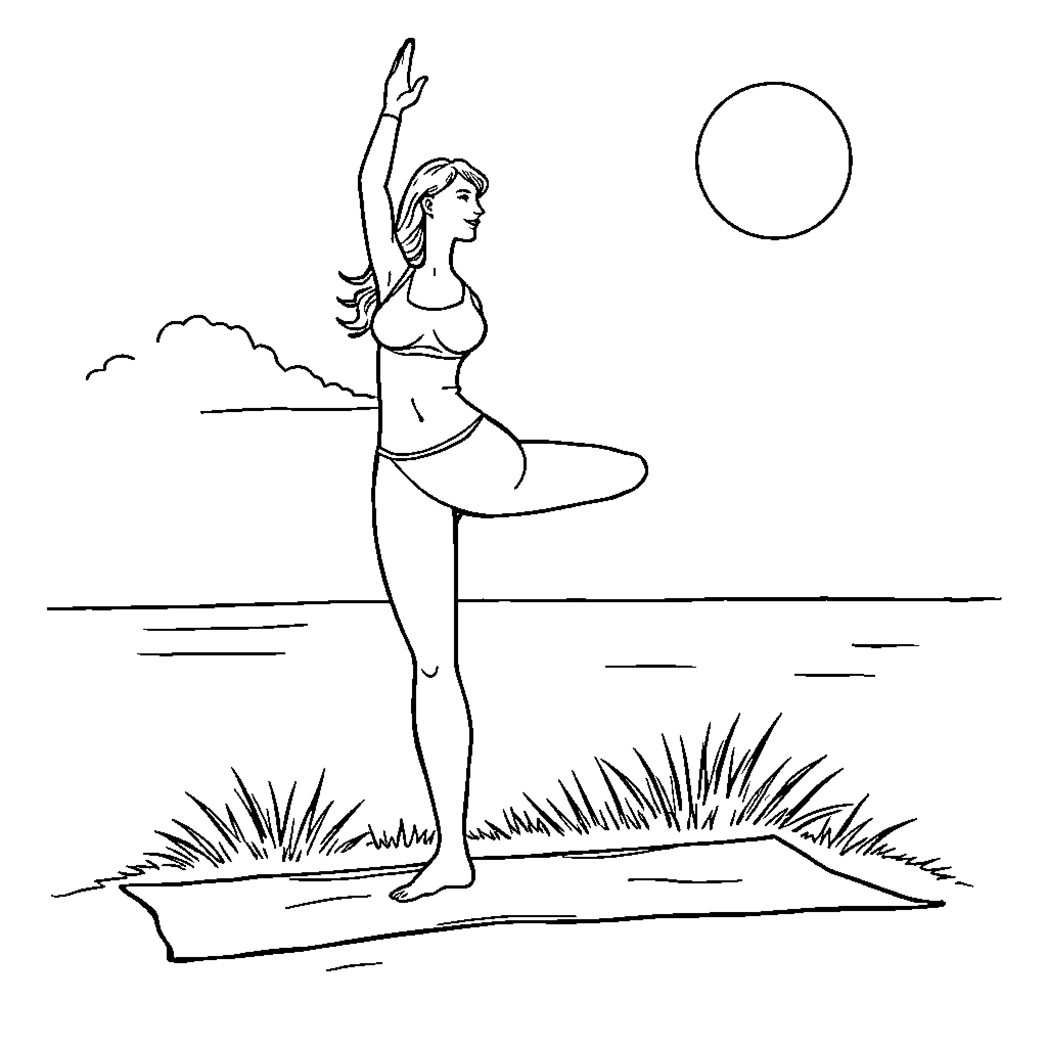 Woman performing yoga pose outdoors Coloring Page (free black-and-white line drawing printable PDF for all, from beginners to advanced learners, including children, teens, adults, and seniors)