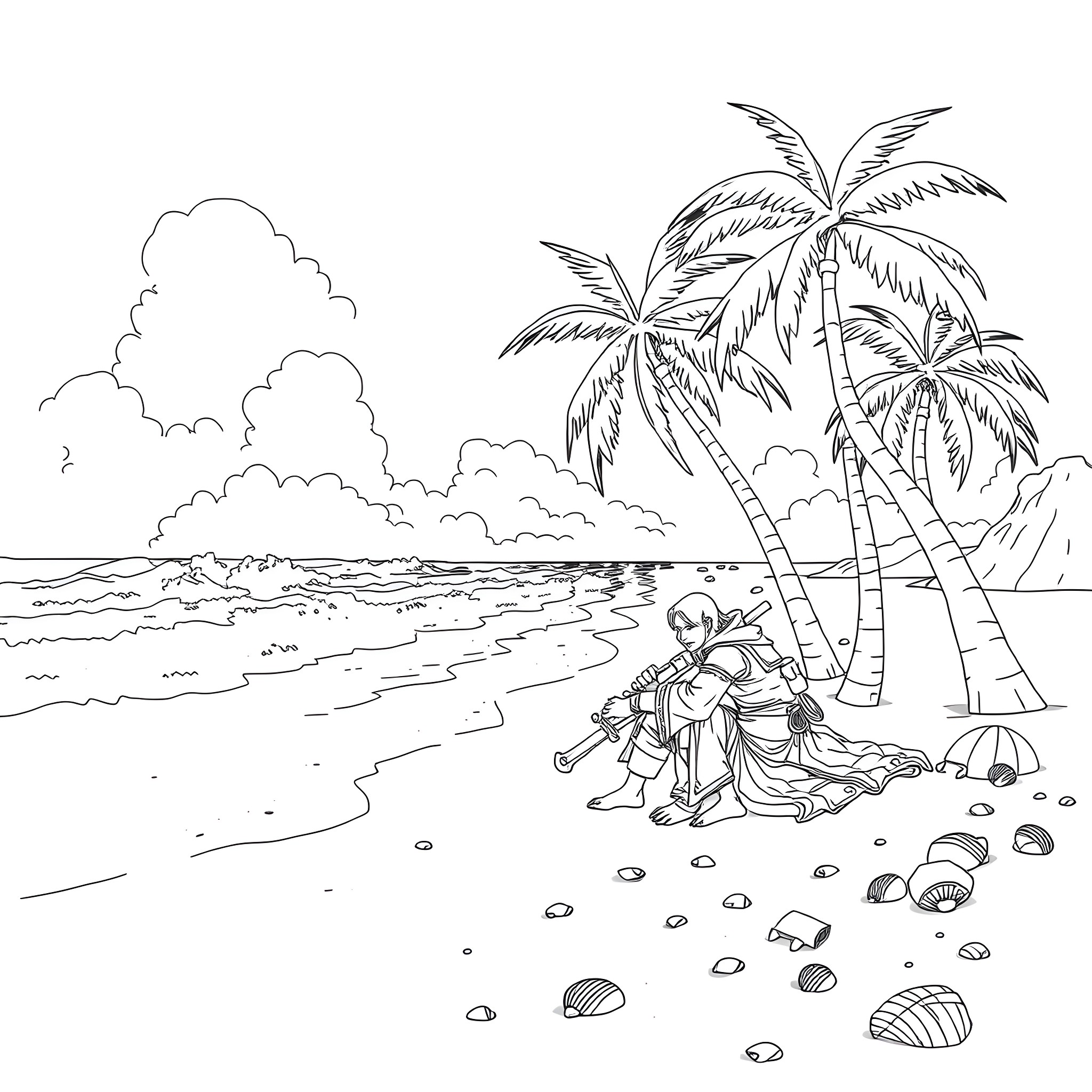 Character relaxing on tropical beach with palm trees Coloring Page (free black-and-white line drawing printable PDF for all, from beginners to advanced learners, including children, teens, adults, and seniors)