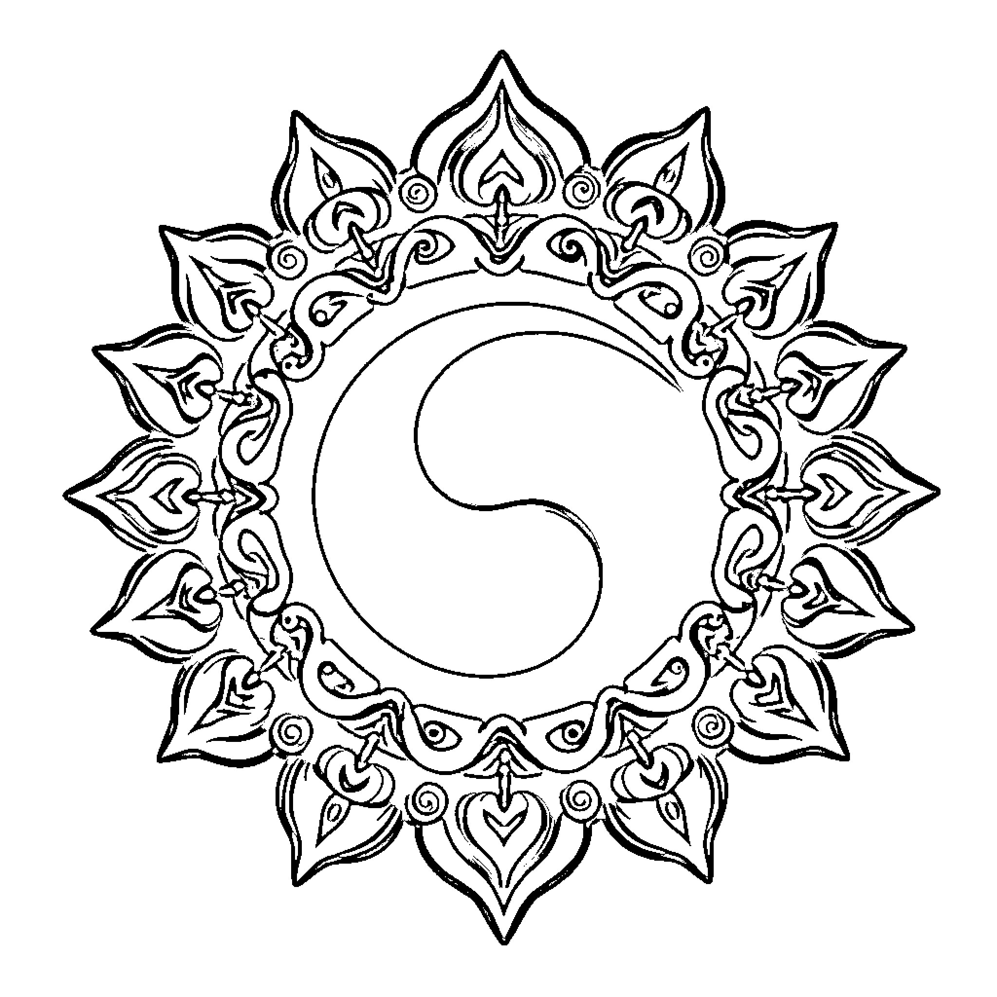 Yin Yang Mandala-Inspired Design Coloring Page (free black-and-white line drawing printable PDF for all, from beginners to advanced learners, including children, teens, adults, and seniors)