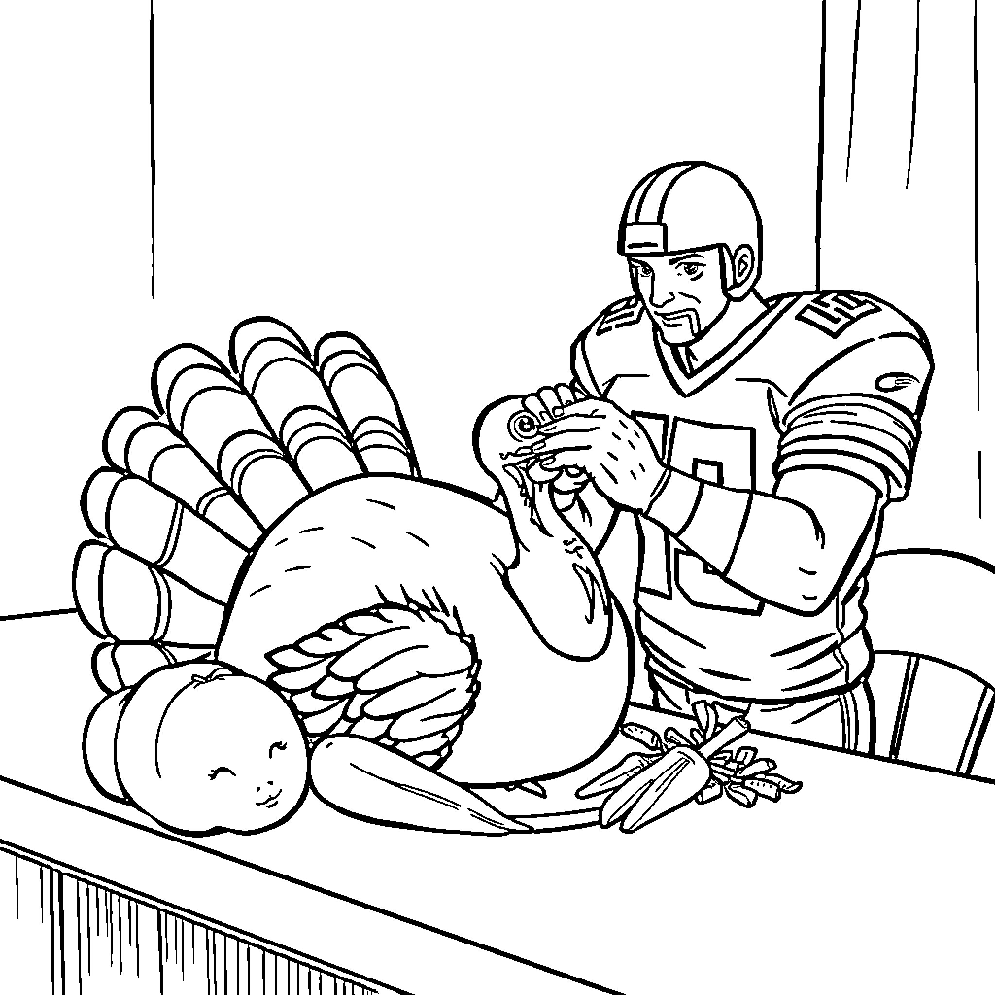 Turkey Football Player Helps Injured Player Coloring Page (free black-and-white line drawing printable PDF for all, from beginners to advanced learners, including children, teens, adults, and seniors)