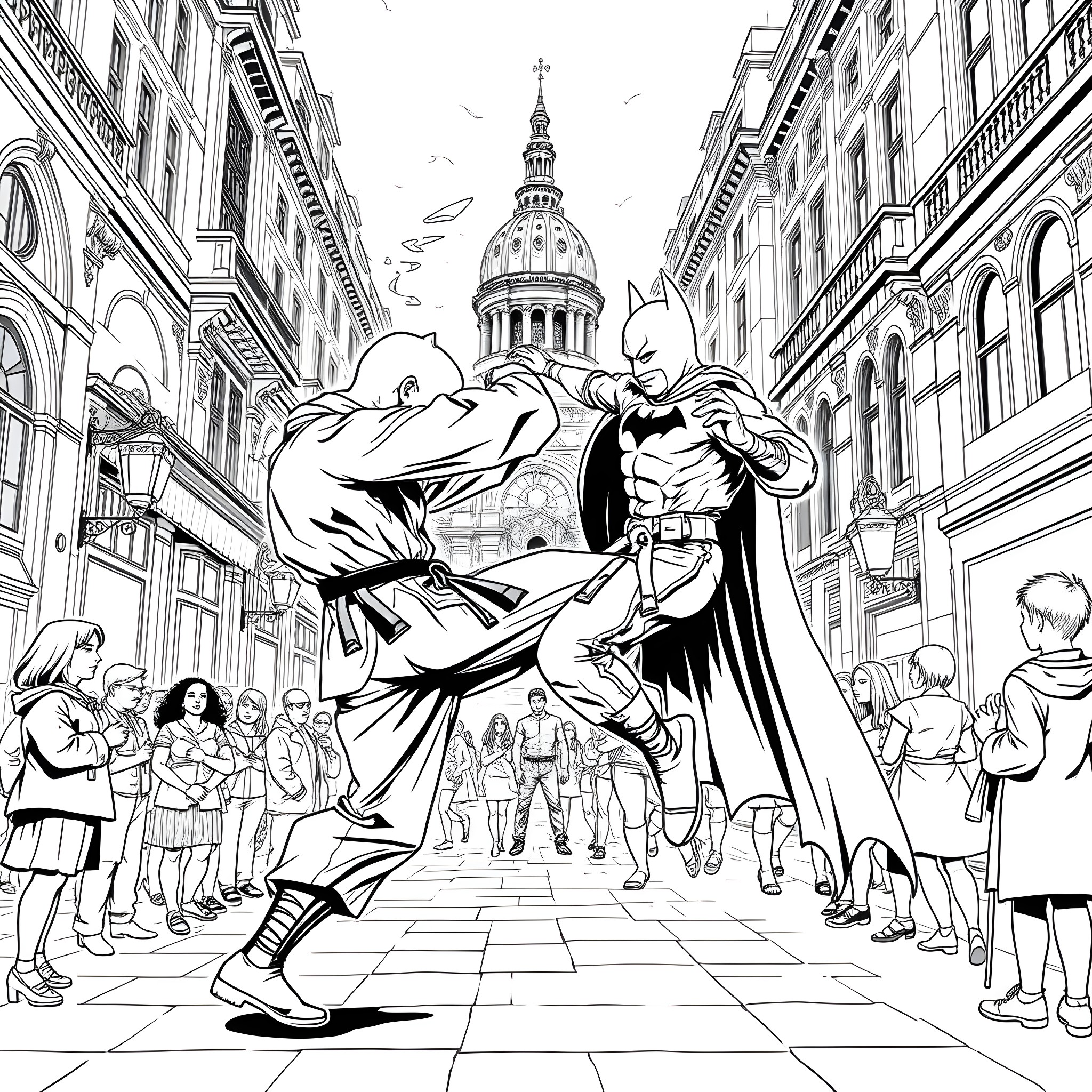 Karate Fighters in Dramatic City Street Scene Coloring Page (free black-and-white line drawing printable PDF for all, from beginners to advanced learners, including children, teens, adults, and seniors)