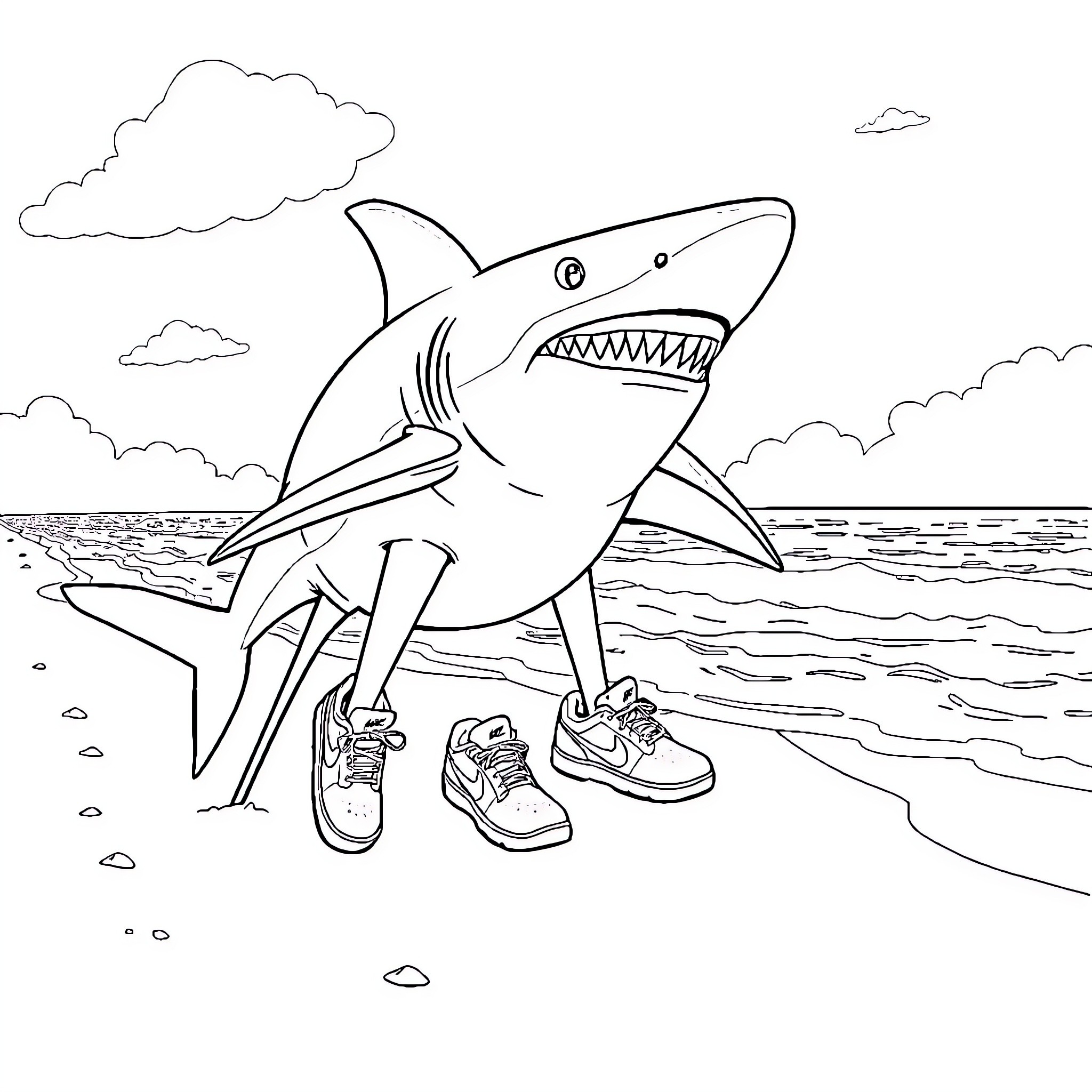Shark walking on the beach in sneakers Coloring Page (free black-and-white line drawing printable PDF for all, from beginners to advanced learners, including children, teens, adults, and seniors)