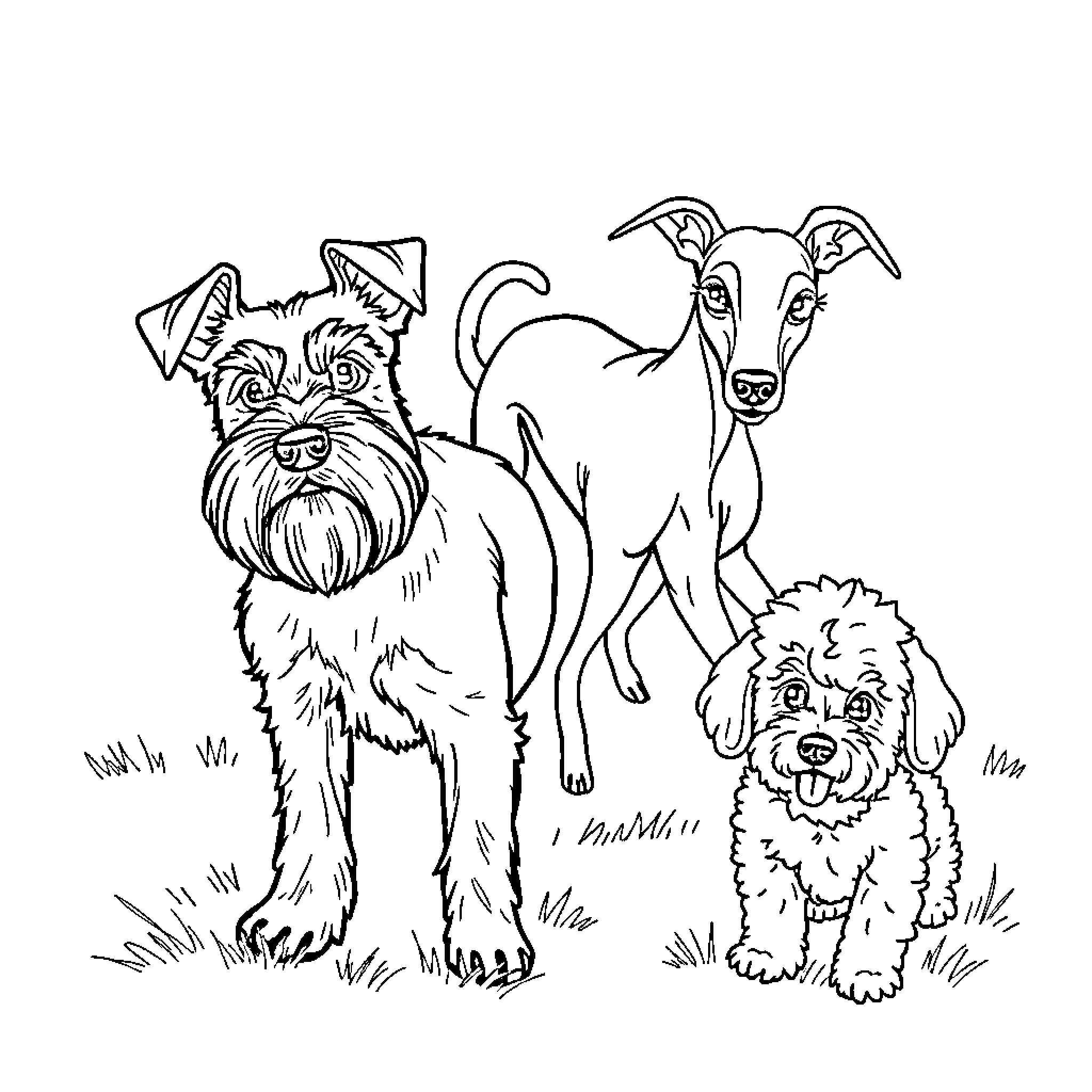 Dog friends playing together in the grass Coloring Page (free black-and-white line drawing printable PDF for all, from beginners to advanced learners, including children, teens, adults, and seniors)