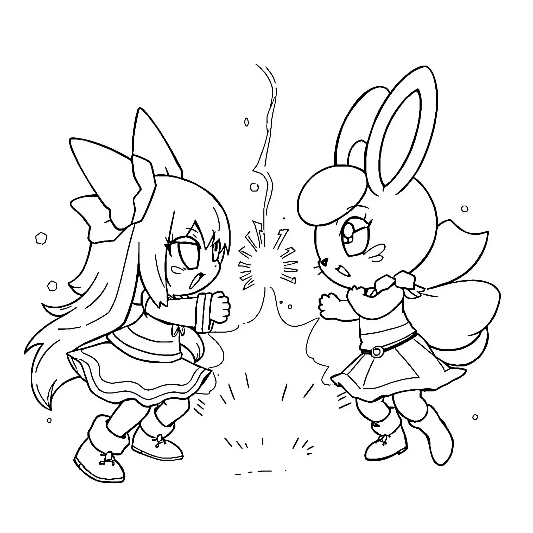 Kuromi and her bunny friend playing together Coloring Page (free black-and-white line drawing printable PDF for all, from beginners to advanced learners, including children, teens, adults, and seniors)