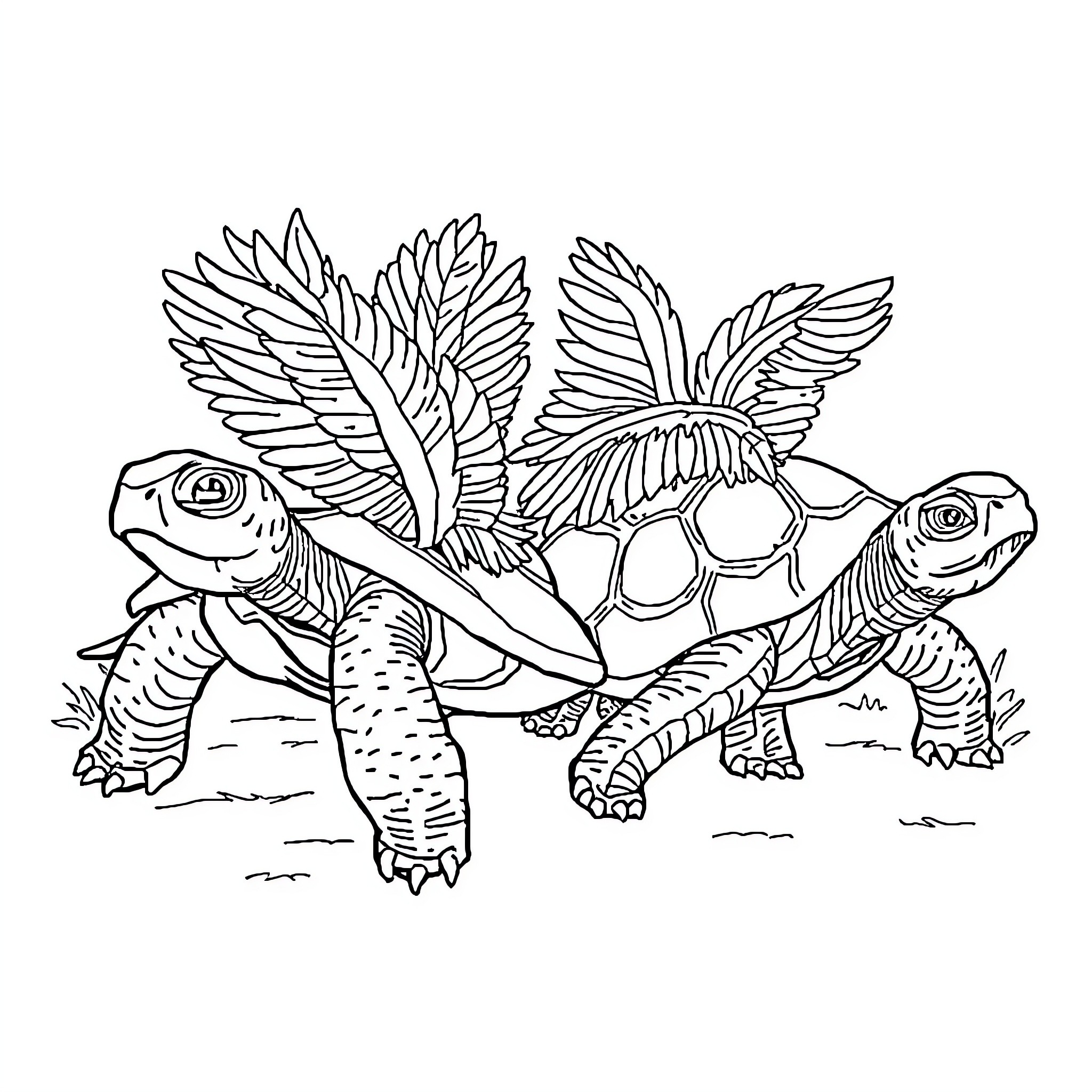 Turtle Adorned with Fantastical Wings Coloring Page (free black-and-white line drawing printable PDF for all, from beginners to advanced learners, including children, teens, adults, and seniors)