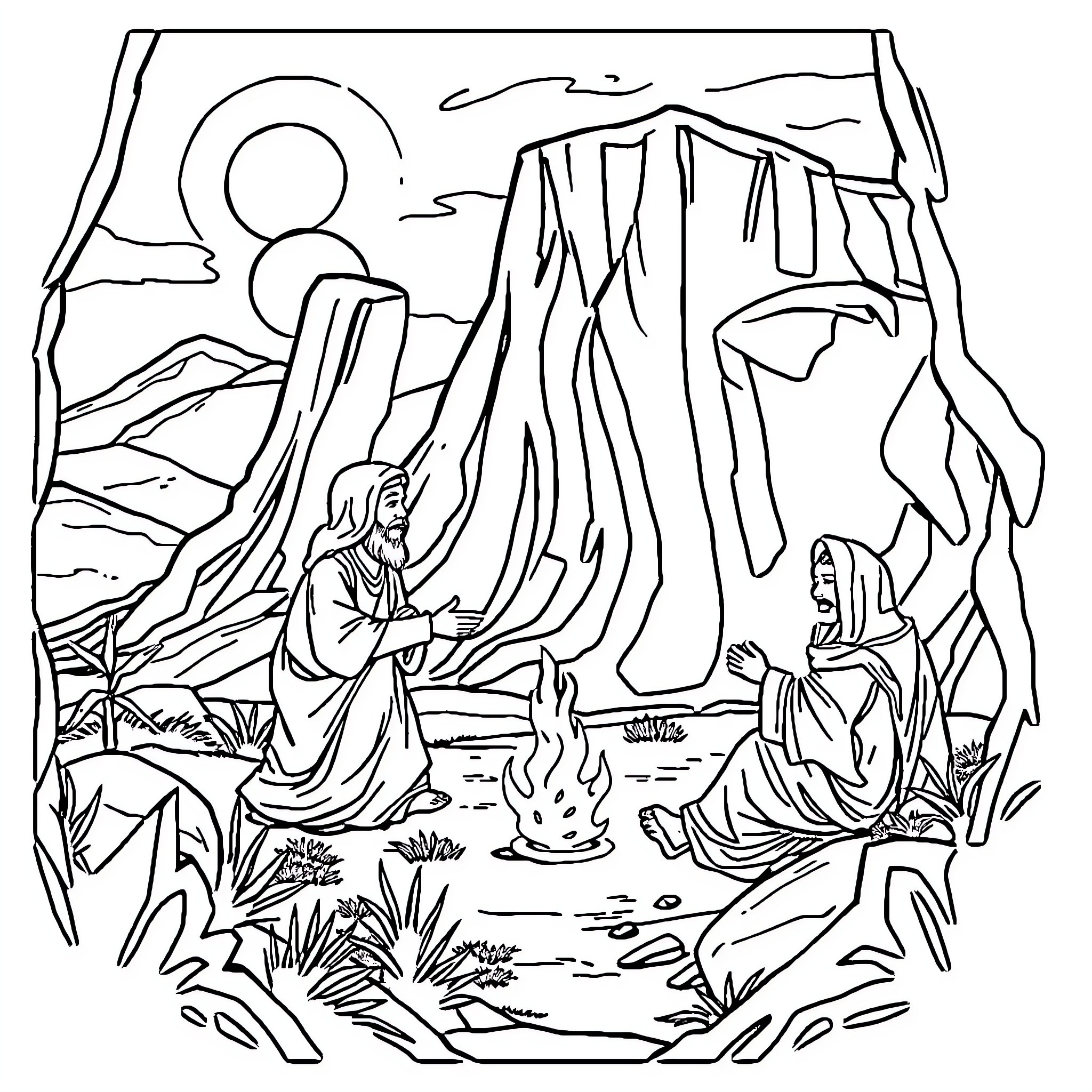 Luke's Peaceful Meditation in the Mountainous Wilderness Coloring Page (free black-and-white line drawing printable PDF for all, from beginners to advanced learners, including children, teens, adults, and seniors)