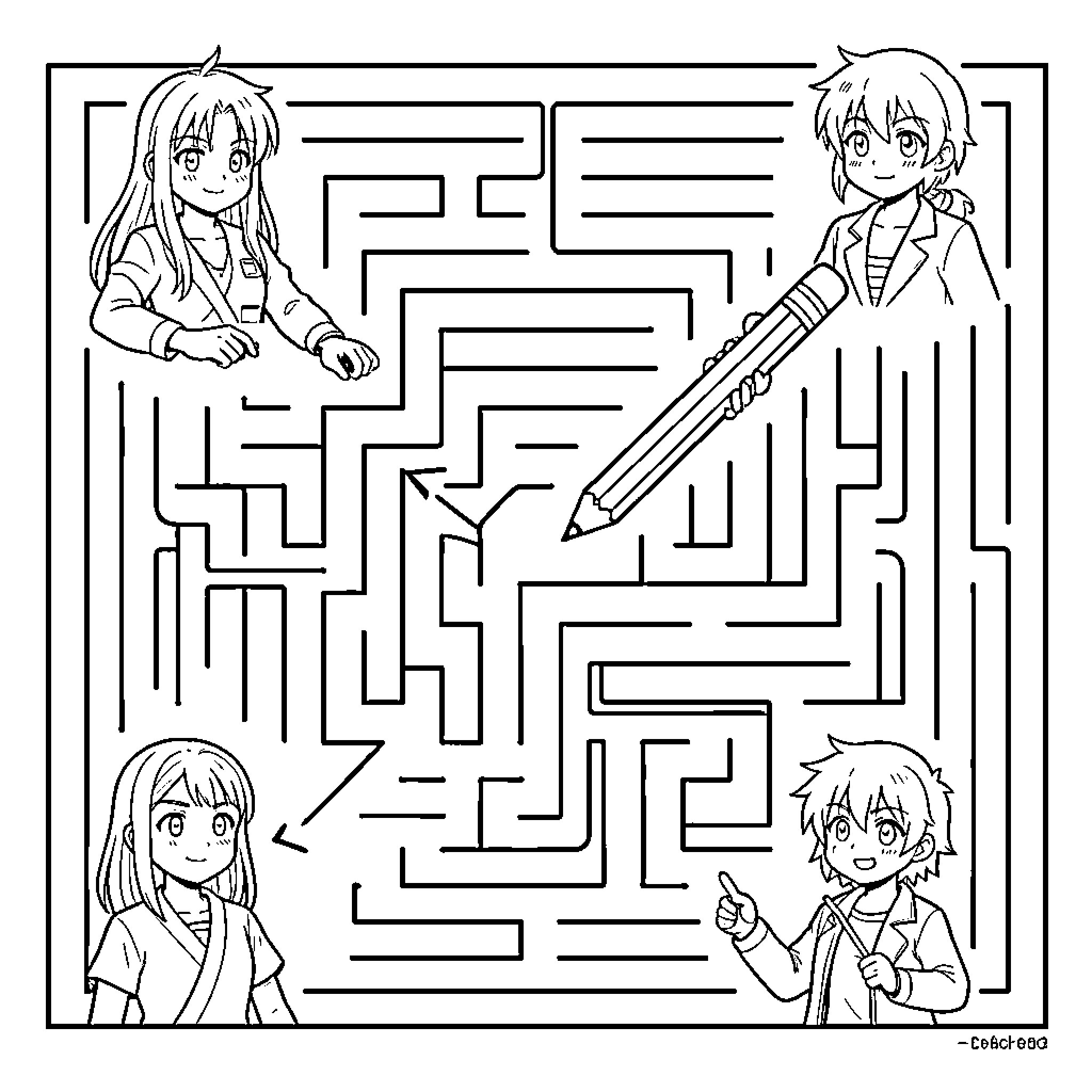 Anime Characters Solving a Maze Puzzle Coloring Page (free black-and-white line drawing printable PDF for all, from beginners to advanced learners, including children, teens, adults, and seniors)