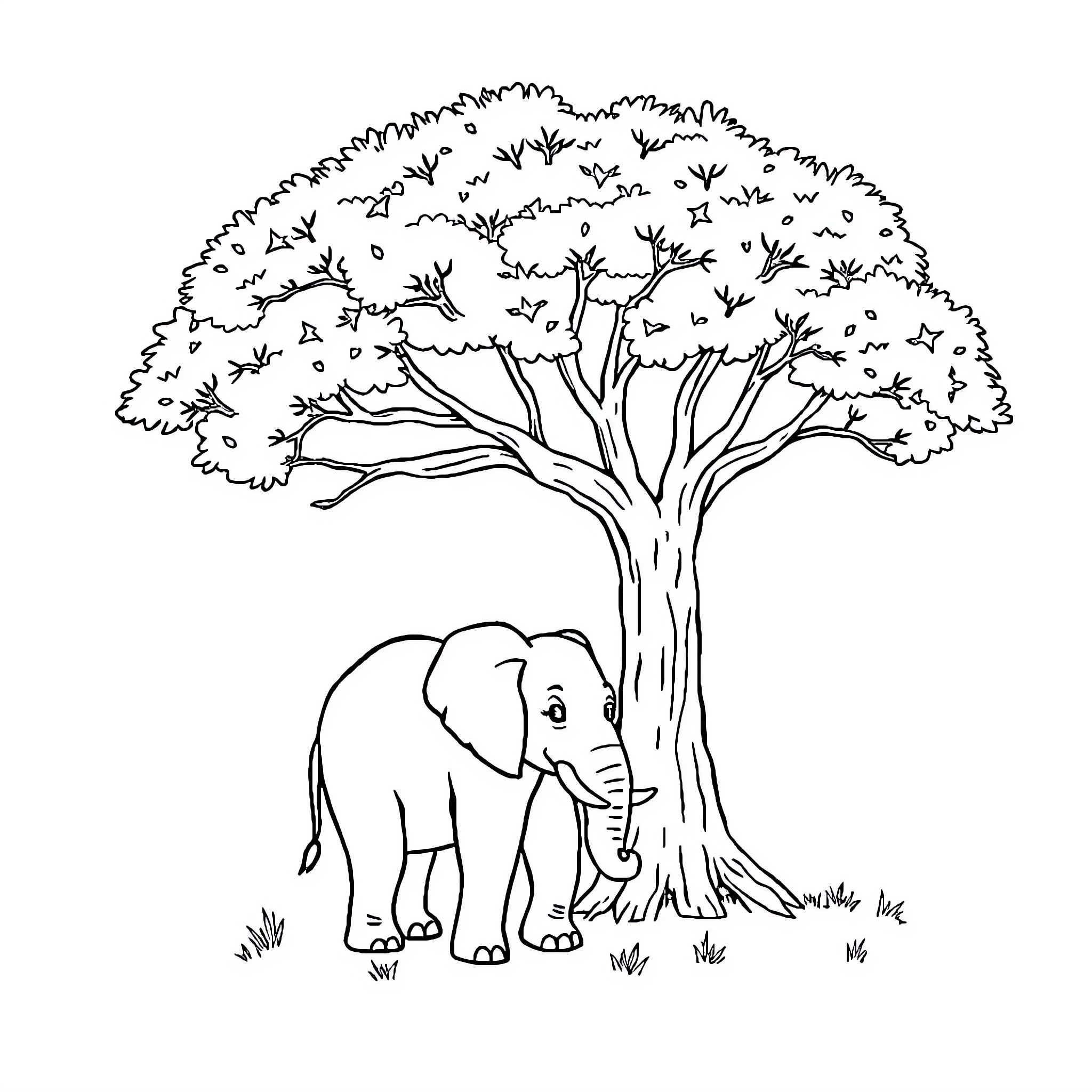 Elephant standing under a large tree Coloring Page (free black-and-white line drawing printable PDF for all, from beginners to advanced learners, including children, teens, adults, and seniors)
