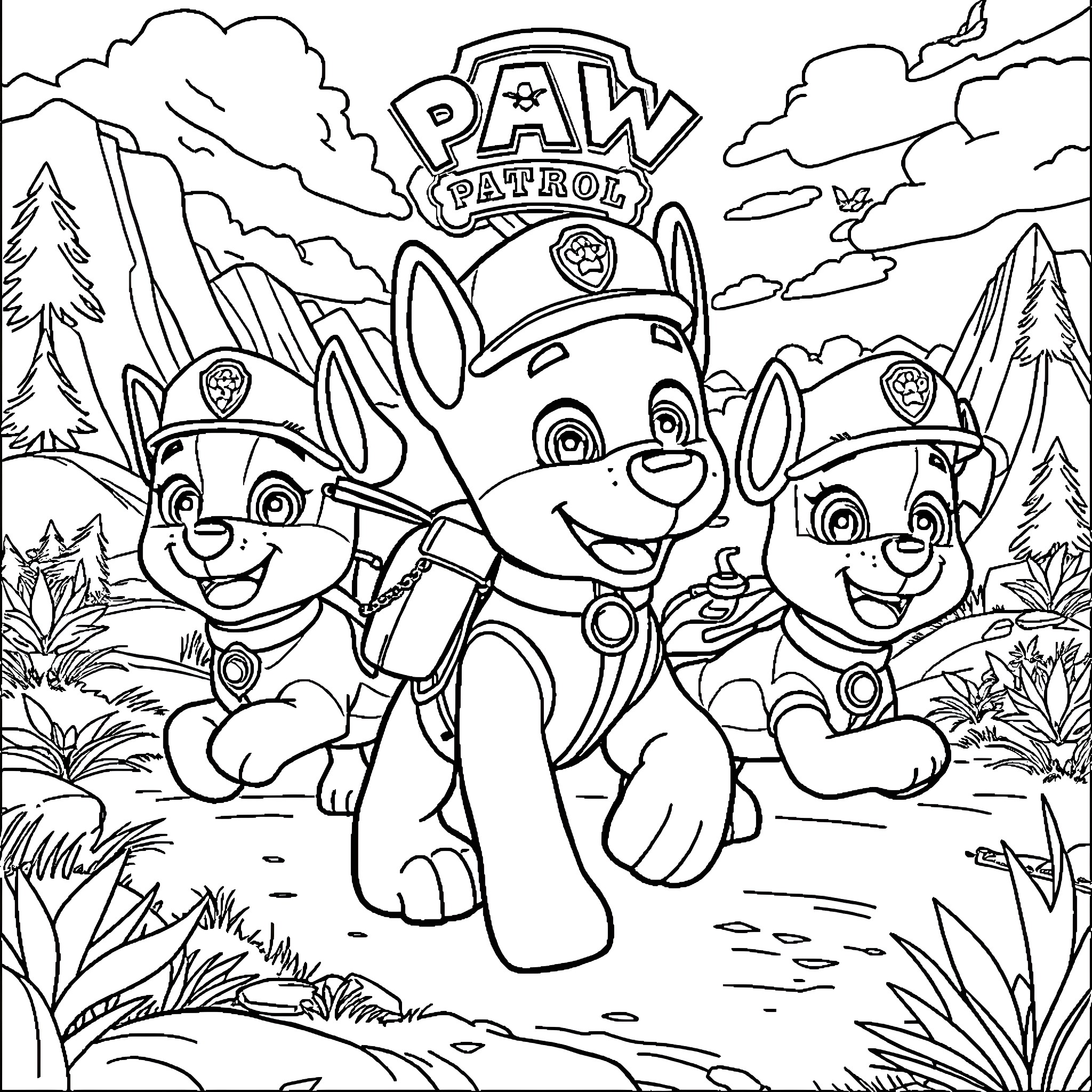 Paw Patrol Pups on an Adventure in the Woods Coloring Page (free black-and-white line drawing printable PDF for all, from beginners to advanced learners, including children, teens, adults, and seniors)