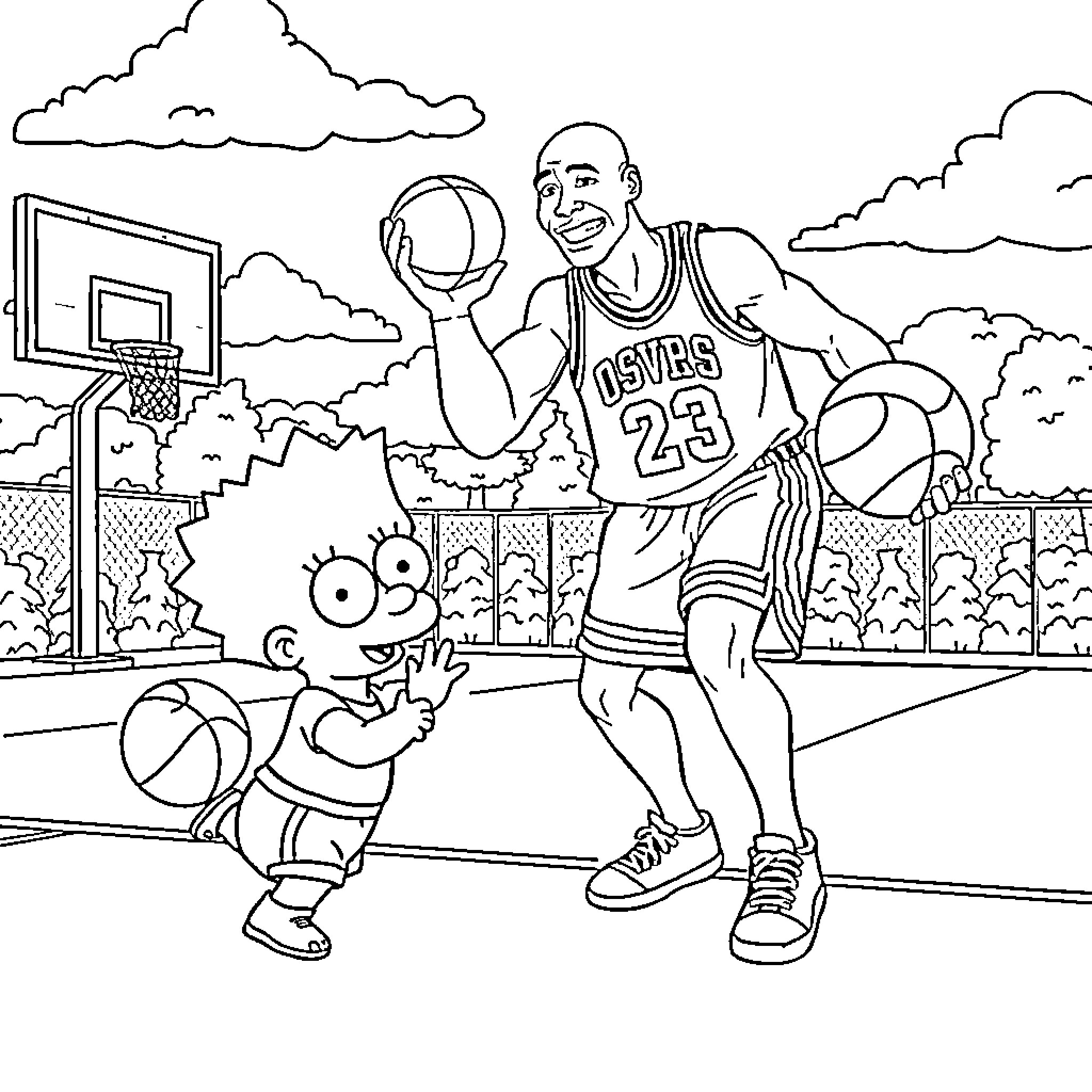 Baby Simpson playing basketball with a smiling athlete Coloring Page (free black-and-white line drawing printable PDF for all, from beginners to advanced learners, including children, teens, adults, and seniors)