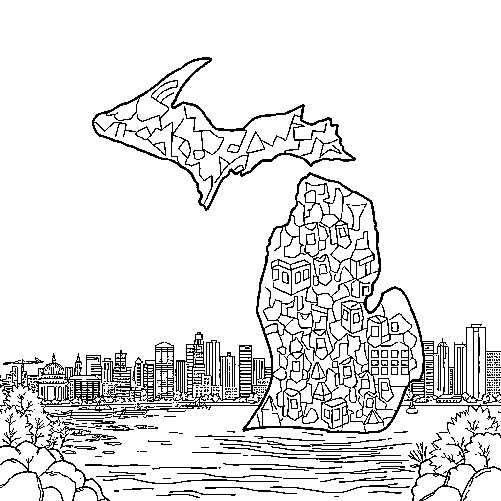 Michigan's Cityscape and Shoreline Illustration Coloring Page (free black-and-white line drawing printable PDF for all, from beginners to advanced learners, including children, teens, adults, and seniors)