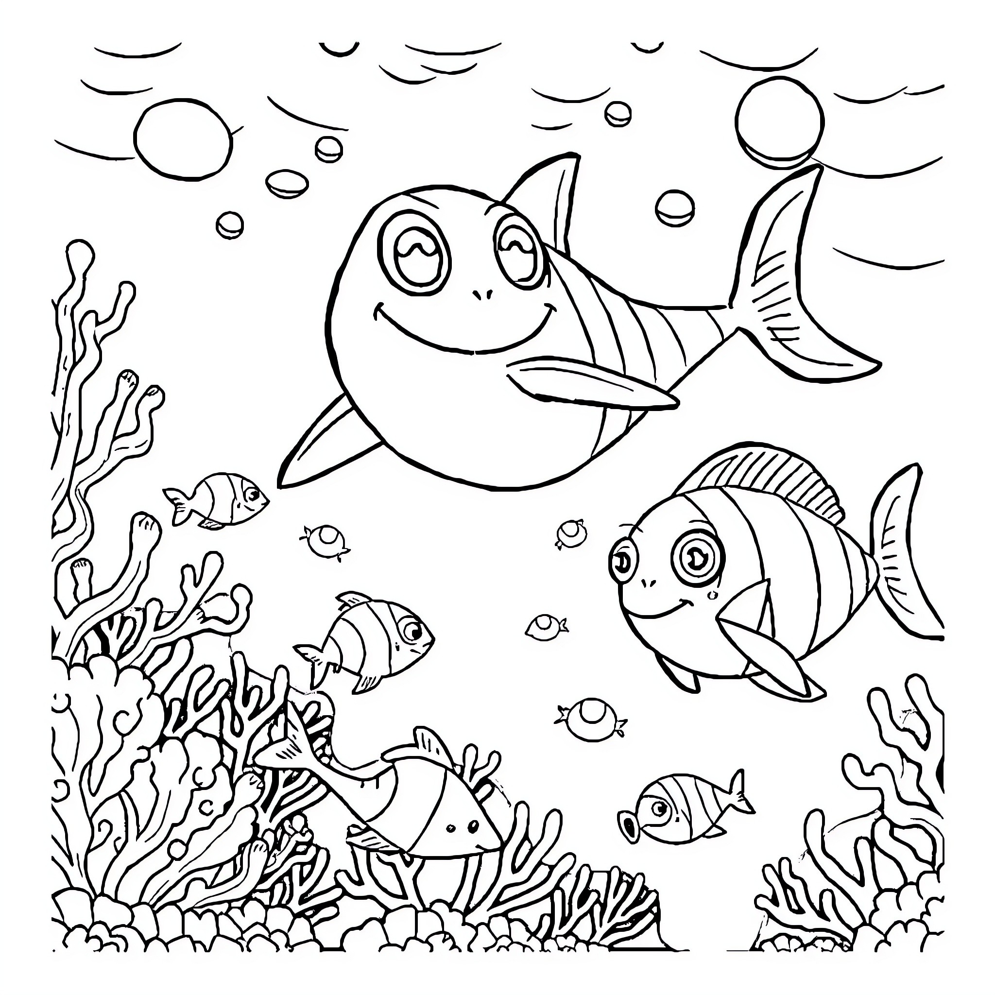 Paw Patrol Underwater Adventure with Colorful Fish Coloring Page (free black-and-white line drawing printable PDF for all, from beginners to advanced learners, including children, teens, adults, and seniors)