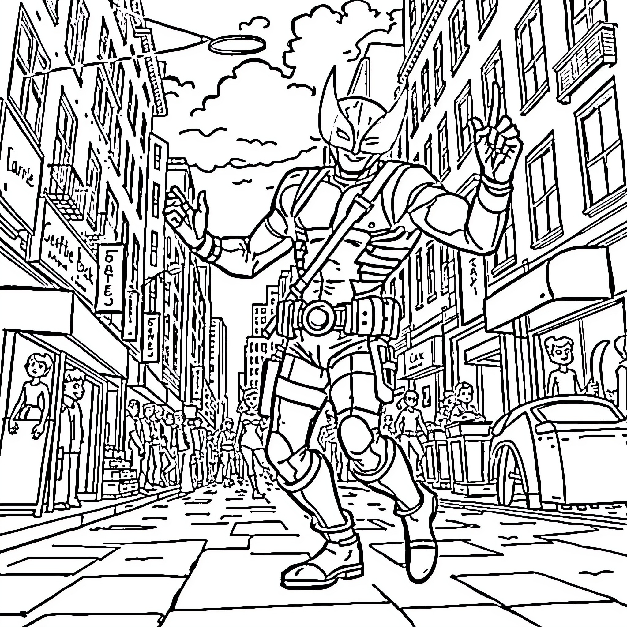 Deadpool Unleashes Chaos in Cityscape Coloring Page (free black-and-white line drawing printable PDF for all, from beginners to advanced learners, including children, teens, adults, and seniors)