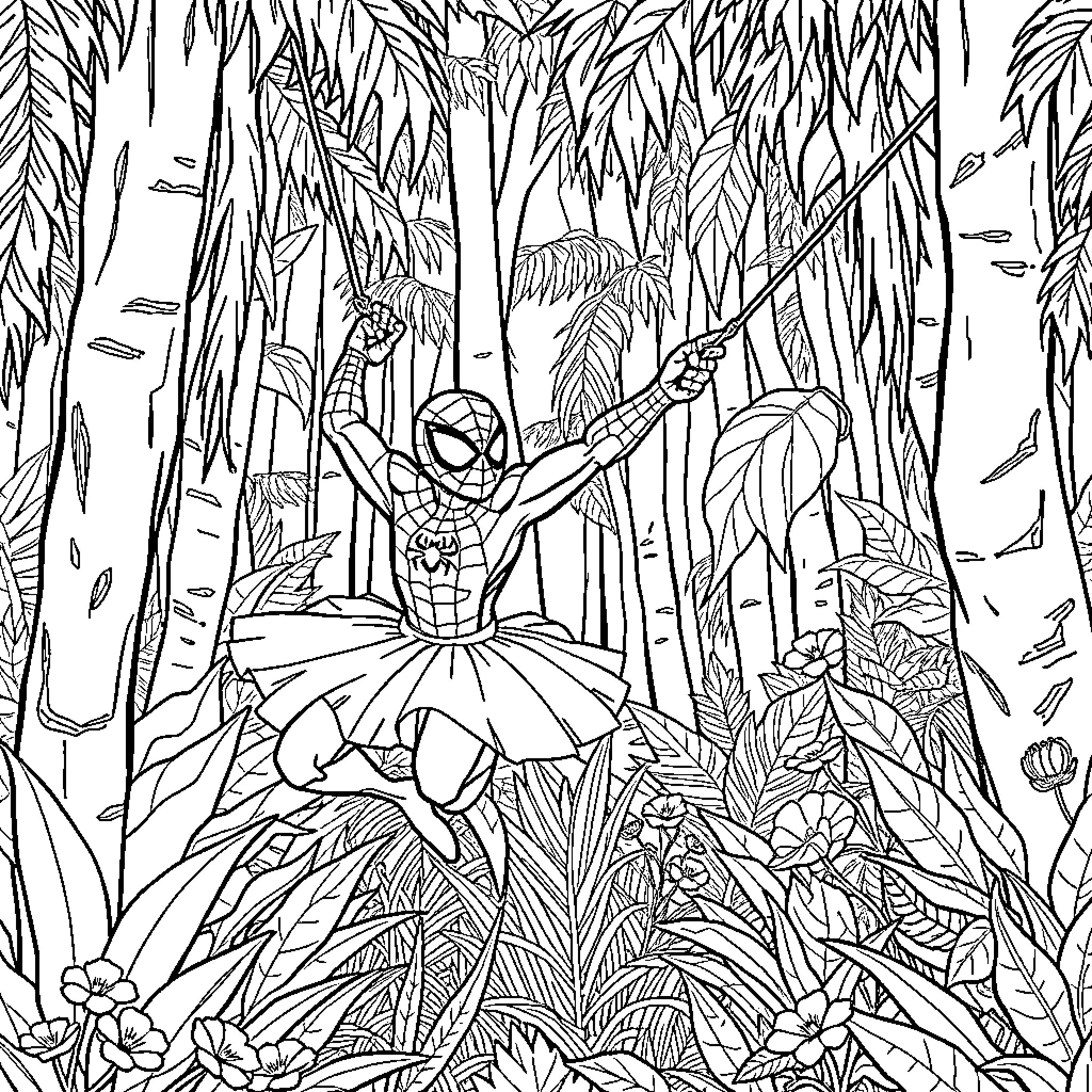 Spiderman swinging through the jungle Coloring Page (free black-and-white line drawing printable PDF for all, from beginners to advanced learners, including children, teens, adults, and seniors)