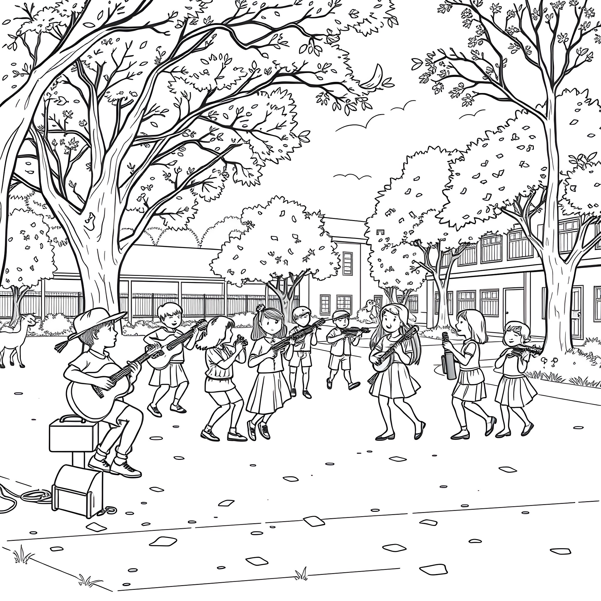 Instrument Performers Entertaining Crowd in Park Coloring Page (free black-and-white line drawing printable PDF for all, from beginners to advanced learners, including children, teens, adults, and seniors)