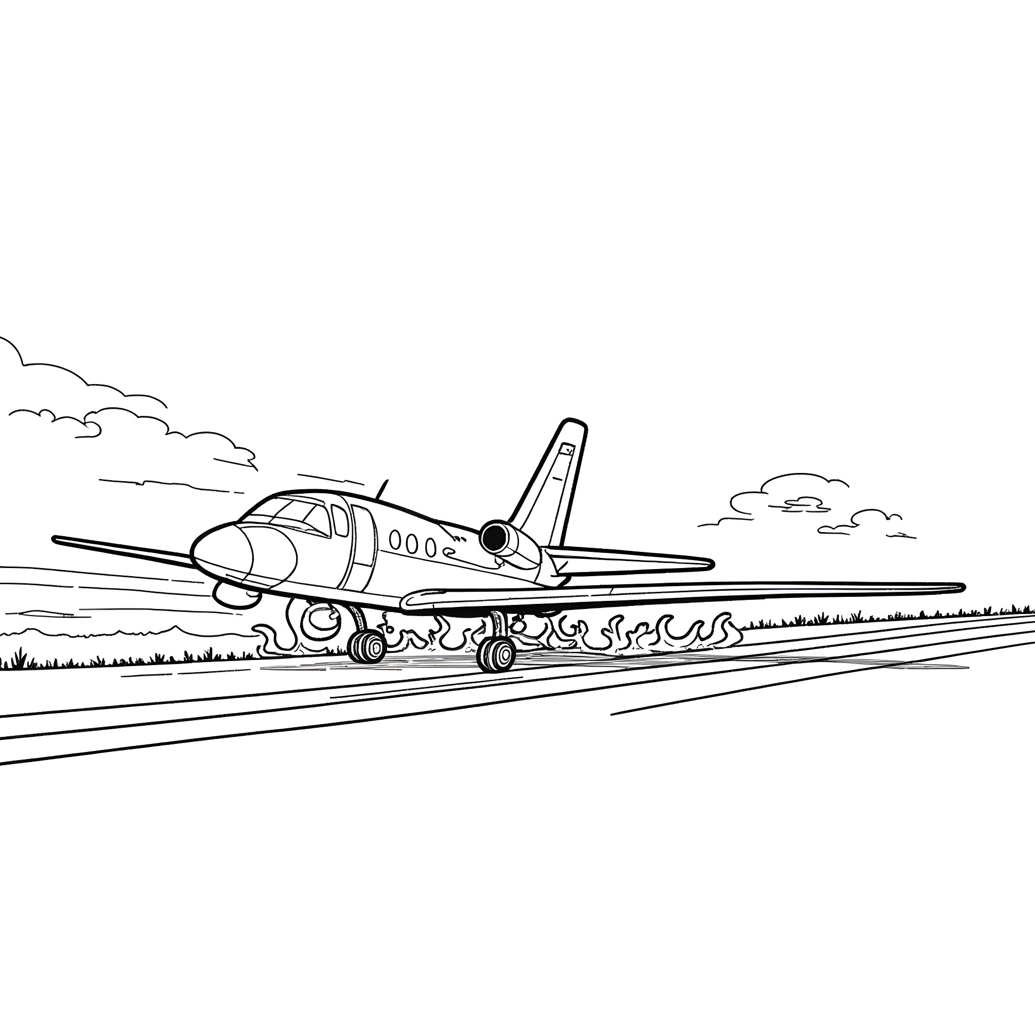 Car taking off from the runway Coloring Page (free black-and-white line drawing printable PDF for all, from beginners to advanced learners, including children, teens, adults, and seniors)