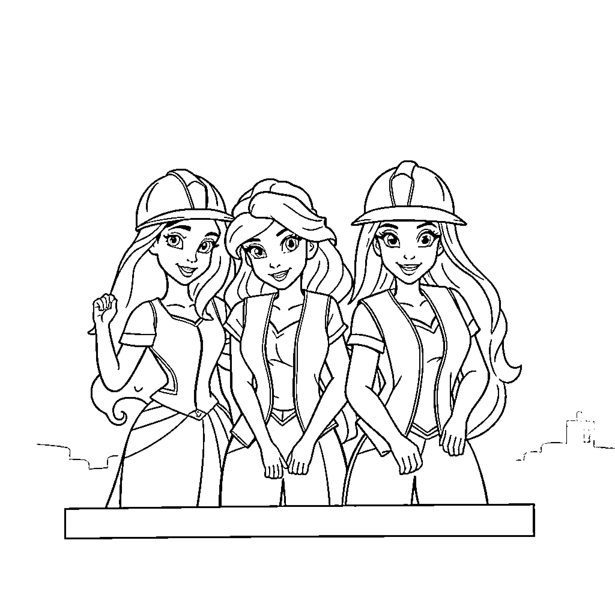 Disney Princess Construction Workers Smiling Together Coloring Page (free black-and-white line drawing printable PDF for all, from beginners to advanced learners, including children, teens, adults, and seniors)