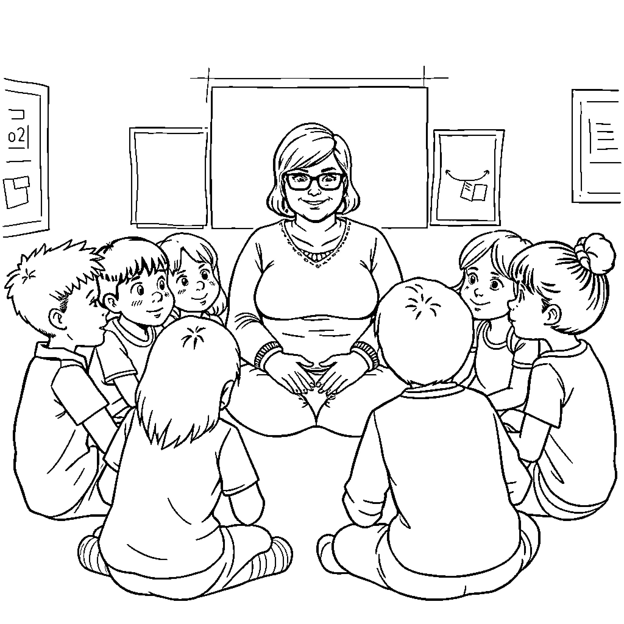 Child Teacher Leading Students in Classroom Discussion Coloring Page (free black-and-white line drawing printable PDF for all, from beginners to advanced learners, including children, teens, adults, and seniors)
