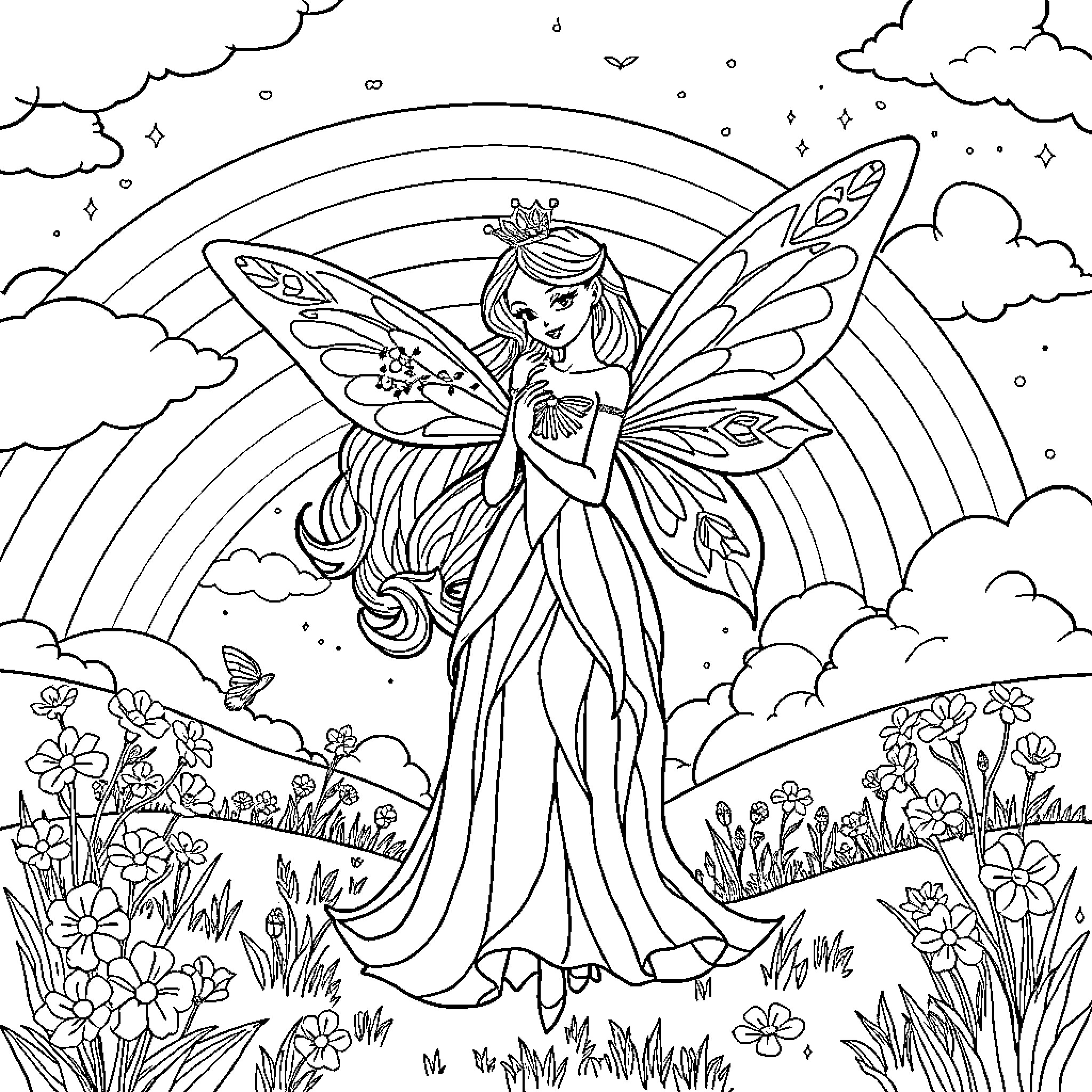 Fairy princess dancing among nature's splendor Coloring Page (free black-and-white line drawing printable PDF for all, from beginners to advanced learners, including children, teens, adults, and seniors)