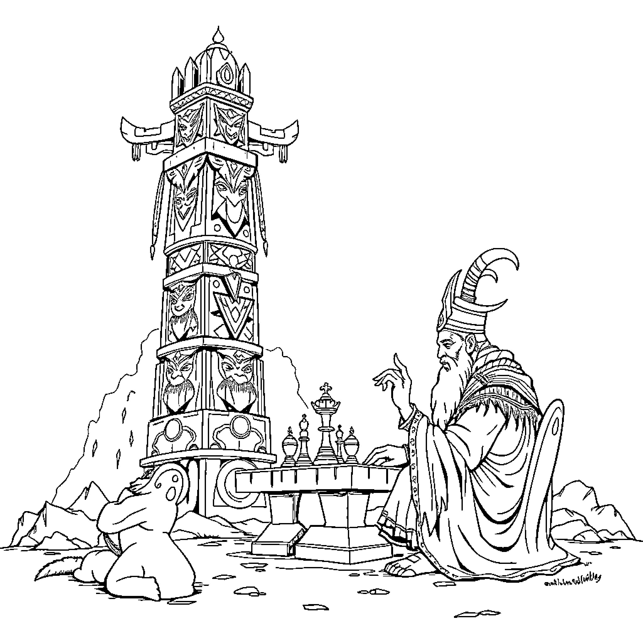 Totem of an Ancient Ritual Ceremony Coloring Page (free black-and-white line drawing printable PDF for all, from beginners to advanced learners, including children, teens, adults, and seniors)