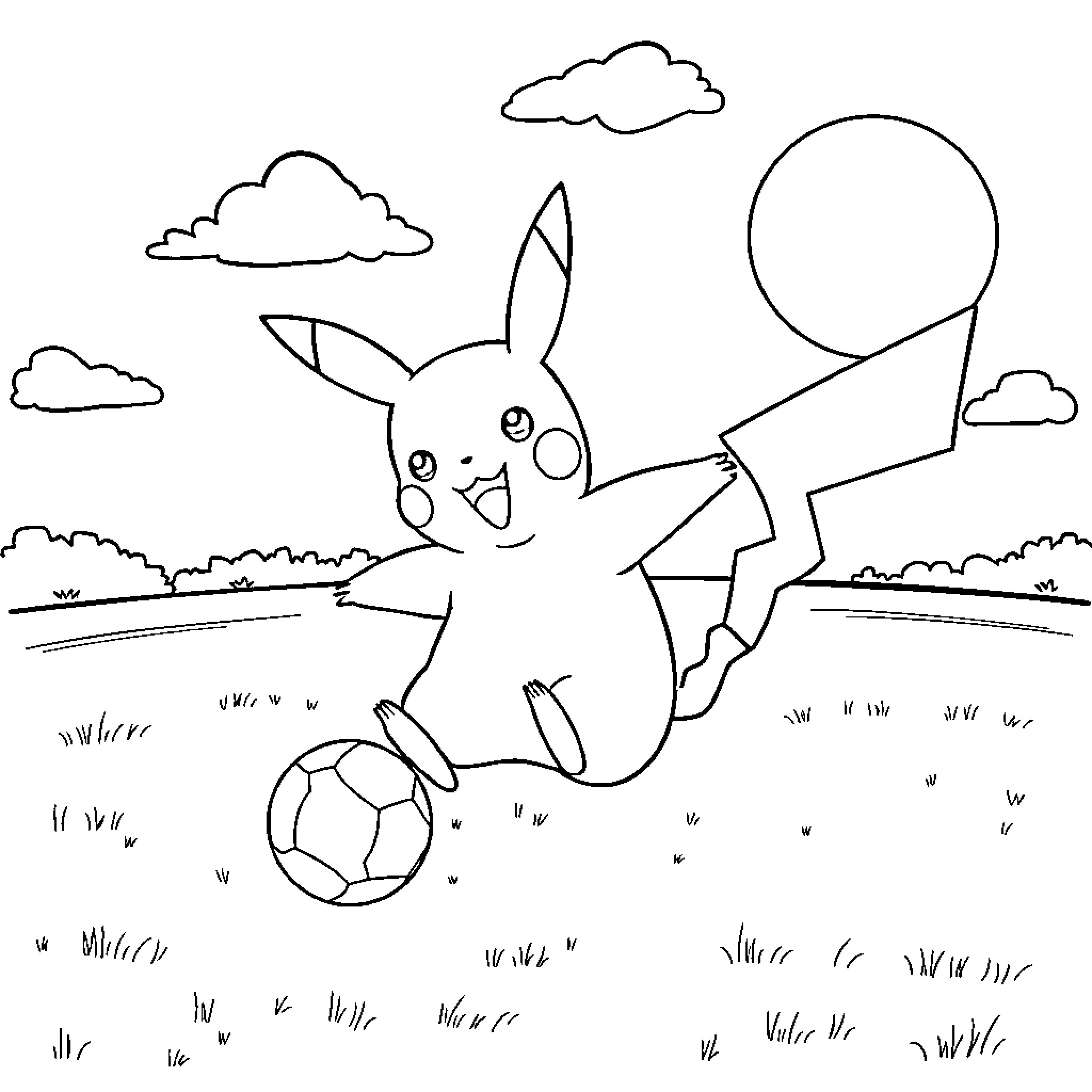 Pikachu playing with a soccer ball in the field Coloring Page (free black-and-white line drawing printable PDF for all, from beginners to advanced learners, including children, teens, adults, and seniors)