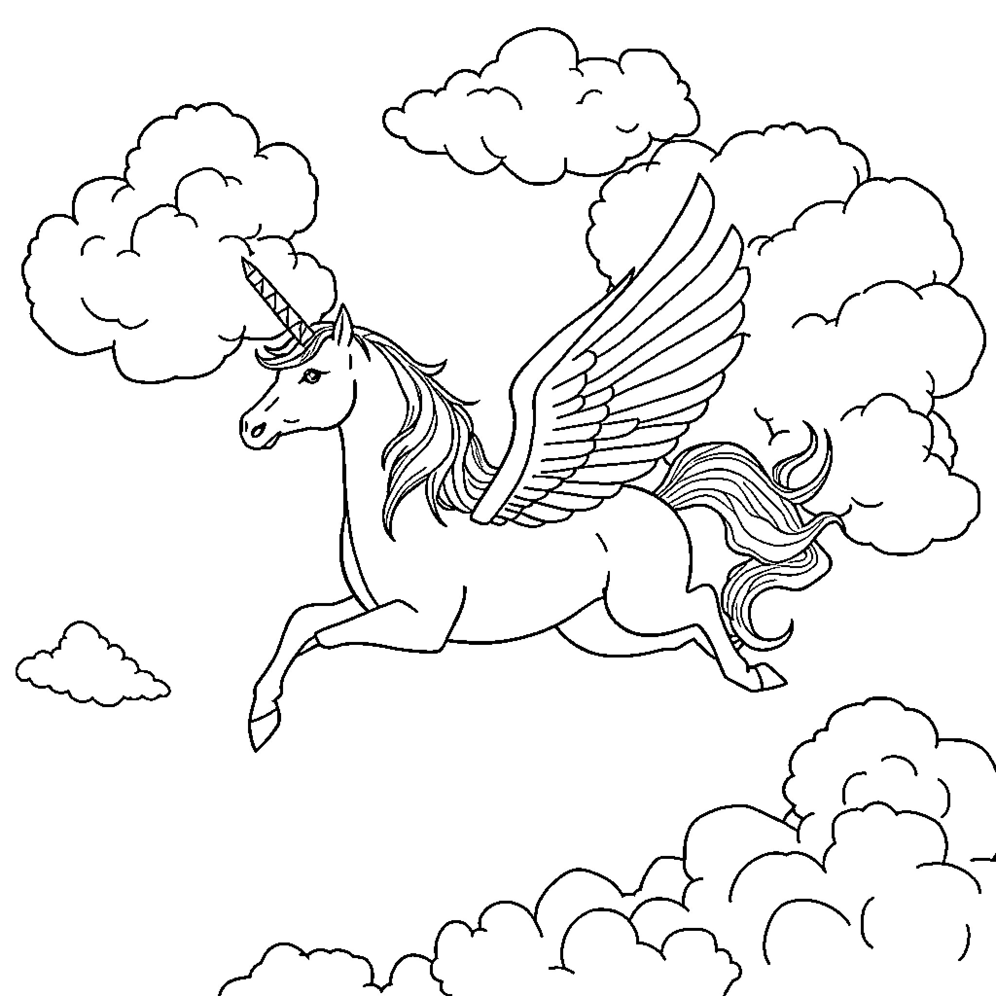 Unicorn soaring through the cloudy sky Coloring Page (free black-and-white line drawing printable PDF for all, from beginners to advanced learners, including children, teens, adults, and seniors)