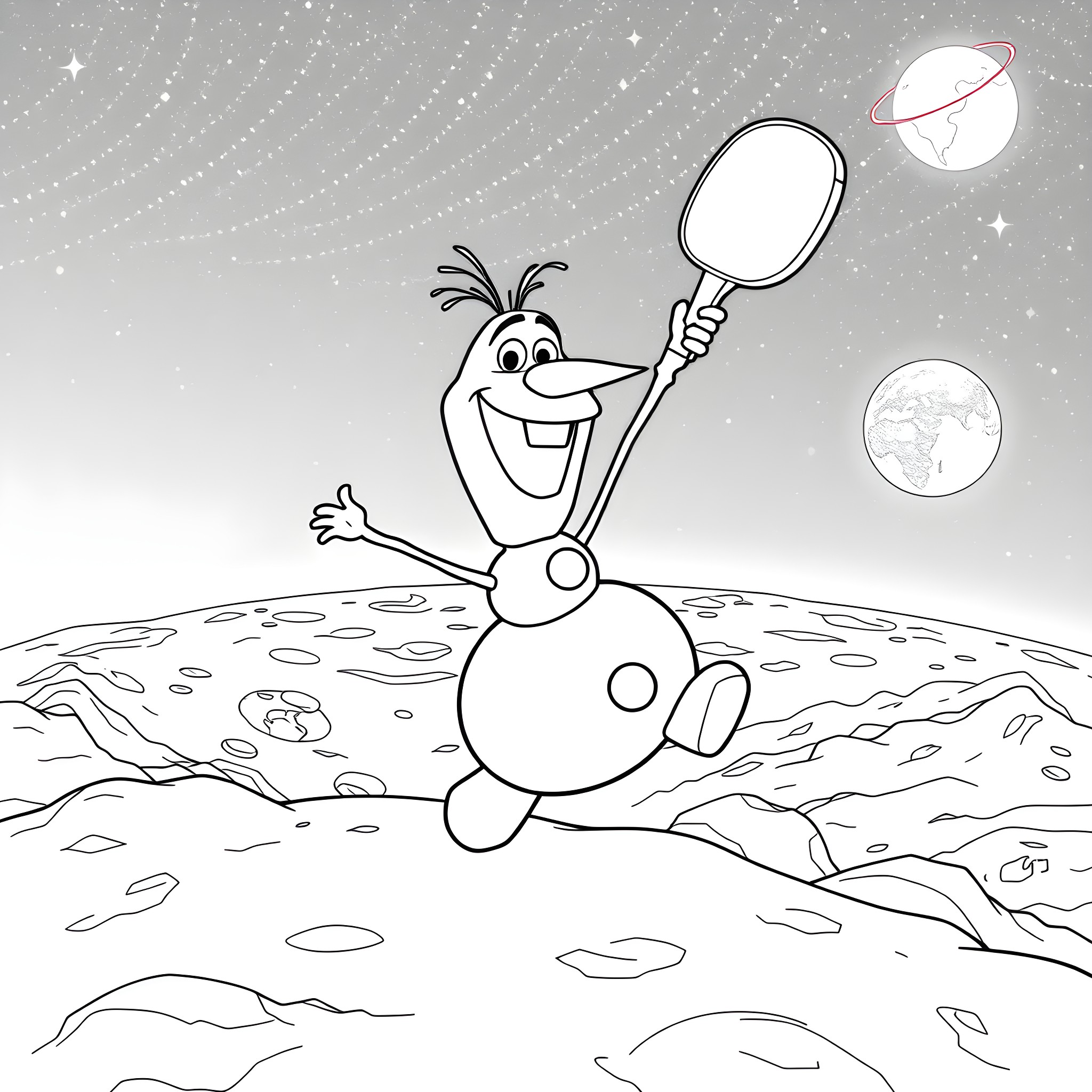 Olaf enjoying the stars in a snowy landscape Coloring Page (free black-and-white line drawing printable PDF for all, from beginners to advanced learners, including children, teens, adults, and seniors)