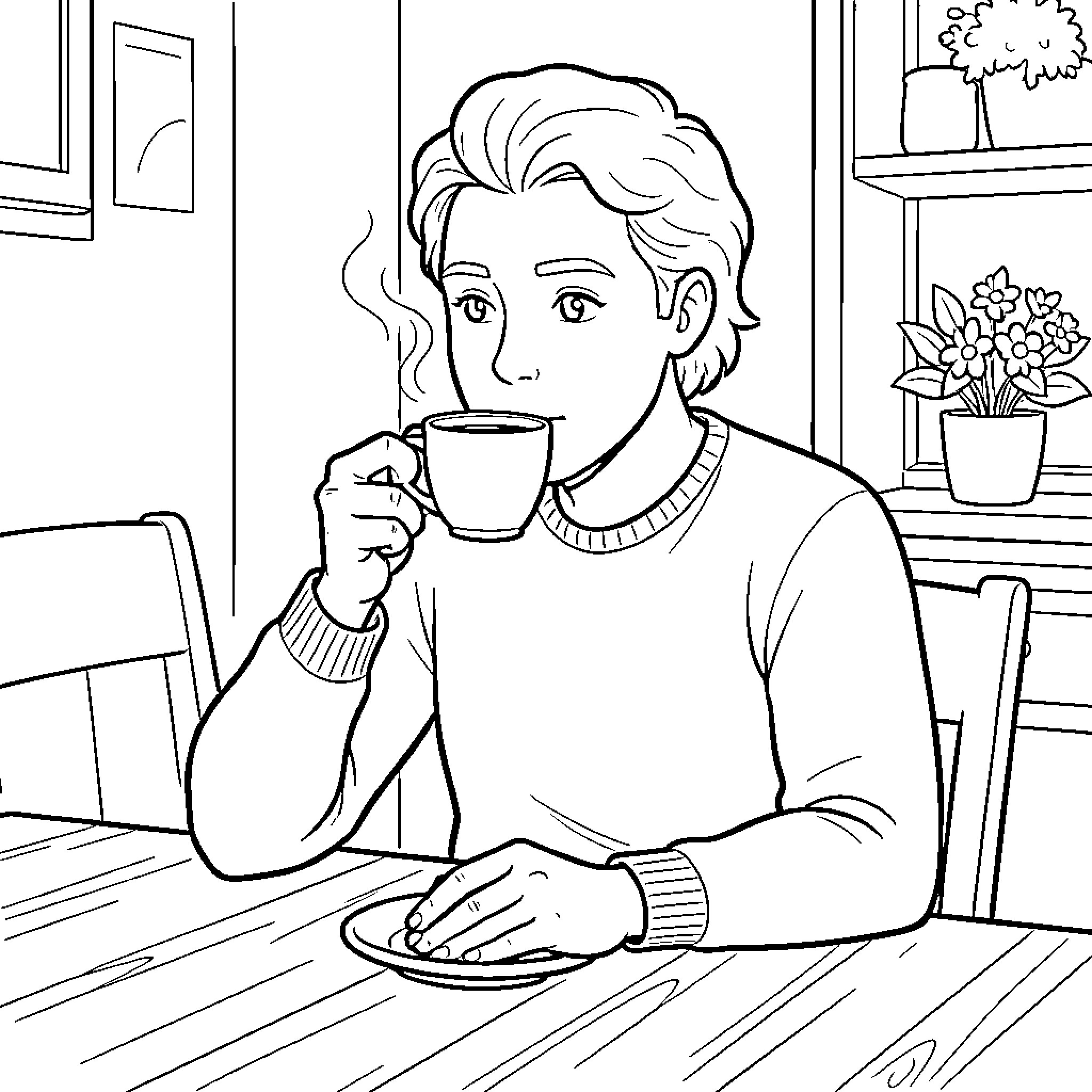 Educator enjoys a warm beverage in their cozy home Coloring Page (free black-and-white line drawing printable PDF for all, from beginners to advanced learners, including children, teens, adults, and seniors)