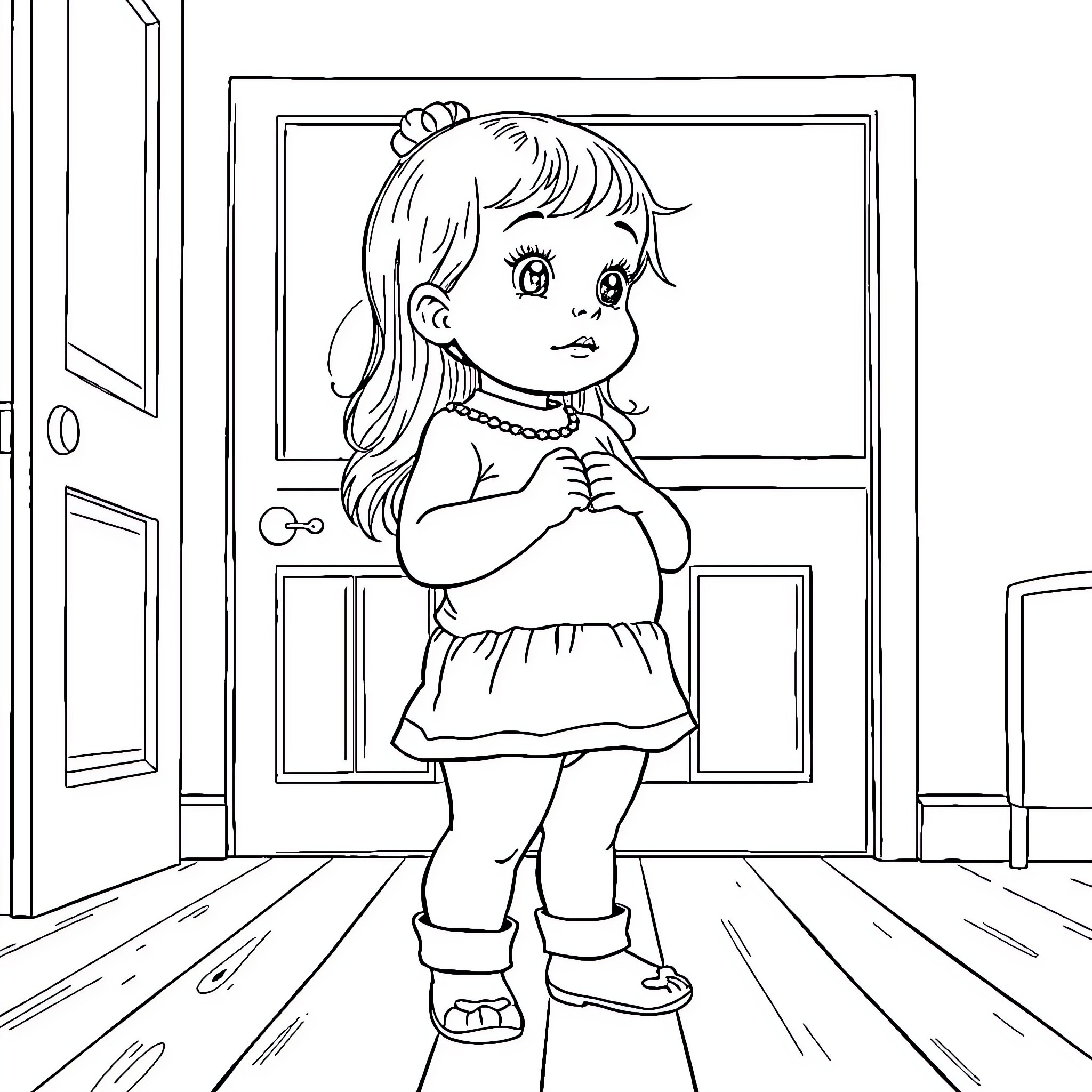 Girl posing in a room with a window Coloring Page (free black-and-white line drawing printable PDF for all, from beginners to advanced learners, including children, teens, adults, and seniors)