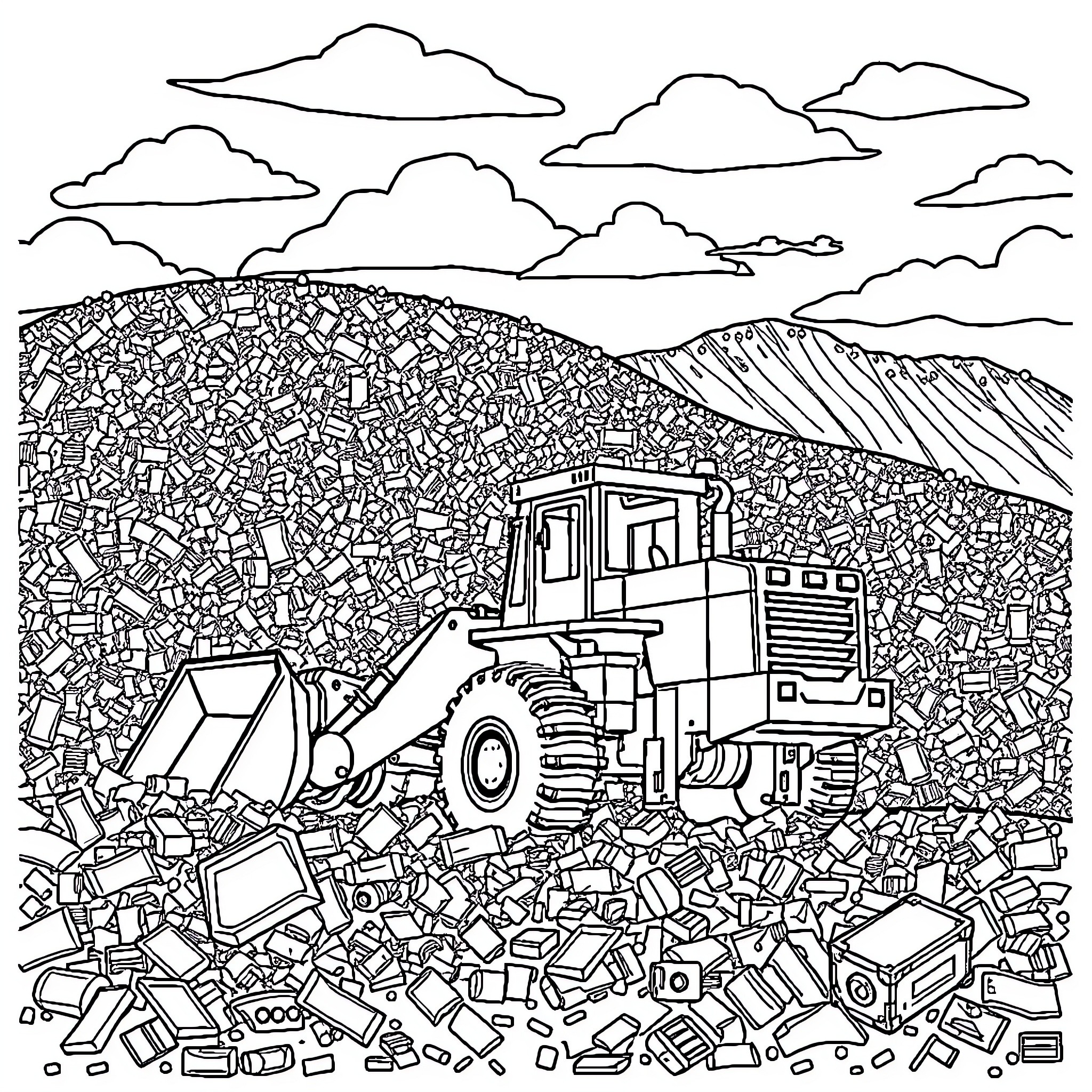 Bulldozer clearing a path through electronic waste Coloring Page (free black-and-white line drawing printable PDF for all, from beginners to advanced learners, including children, teens, adults, and seniors)
