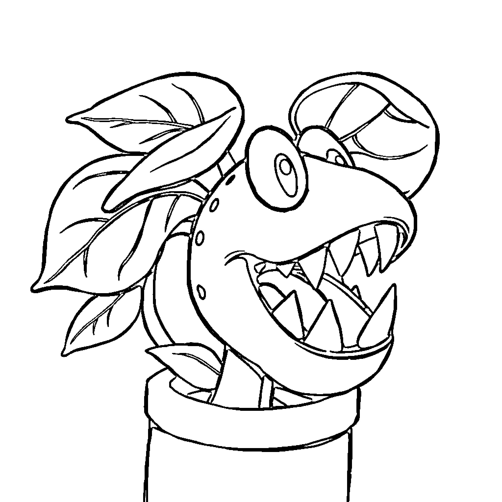 Piranha Plant with Menacing Expression Coloring Page (free black-and-white line drawing printable PDF for all, from beginners to advanced learners, including children, teens, adults, and seniors)