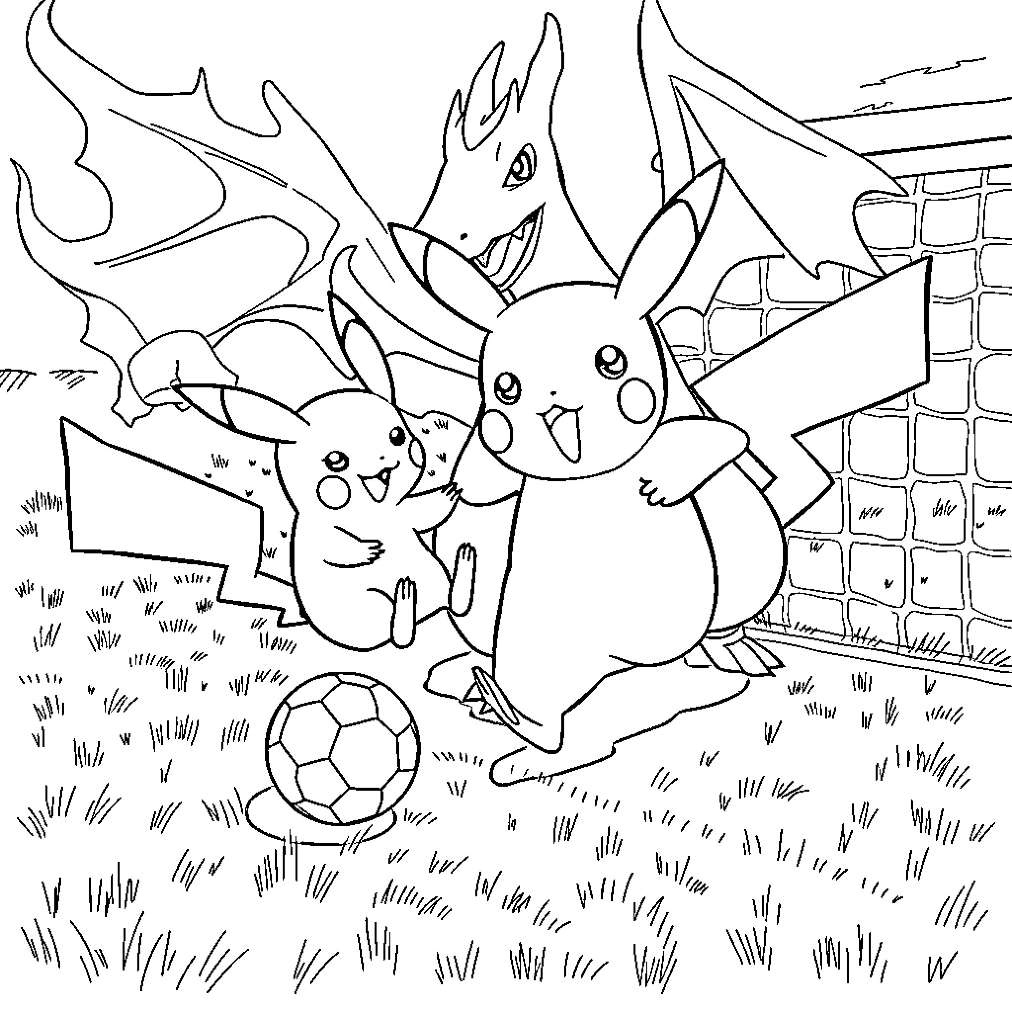 Pikachu and friends play happily with a soccer ball Coloring Page (free black-and-white line drawing printable PDF for all, from beginners to advanced learners, including children, teens, adults, and seniors)