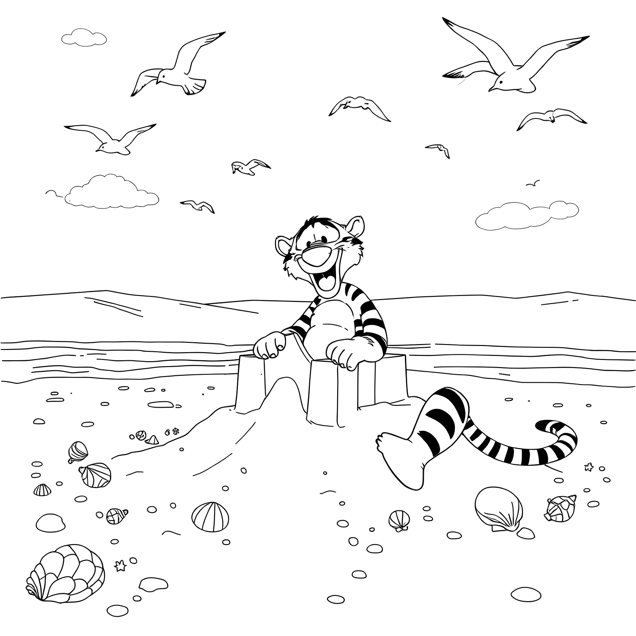 Tigger enjoying a day at the beach with seagulls Coloring Page (free black-and-white line drawing printable PDF for all, from beginners to advanced learners, including children, teens, adults, and seniors)