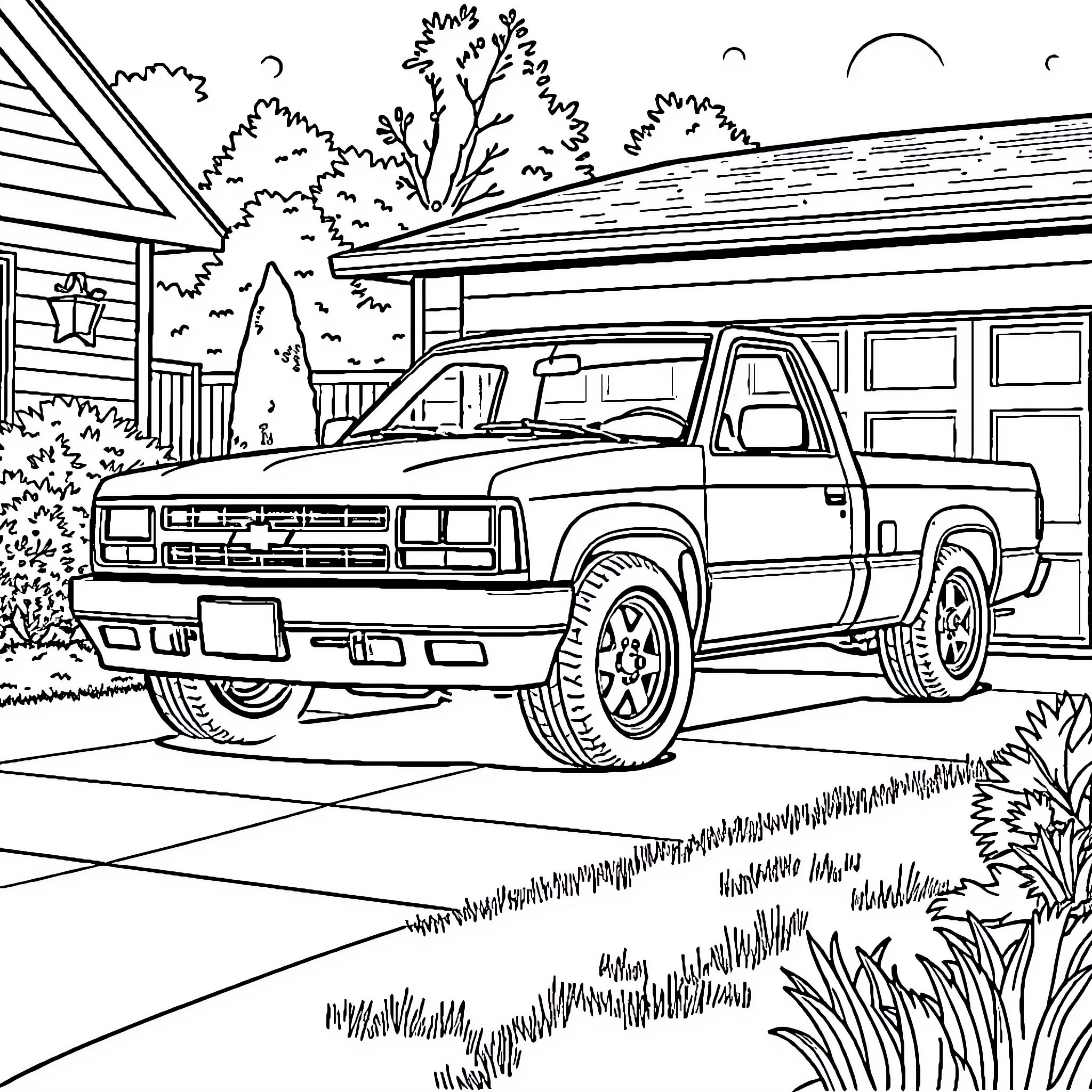 Chevy S10 truck parked in front of a country house Coloring Page (free black-and-white line drawing printable PDF for all, from beginners to advanced learners, including children, teens, adults, and seniors)