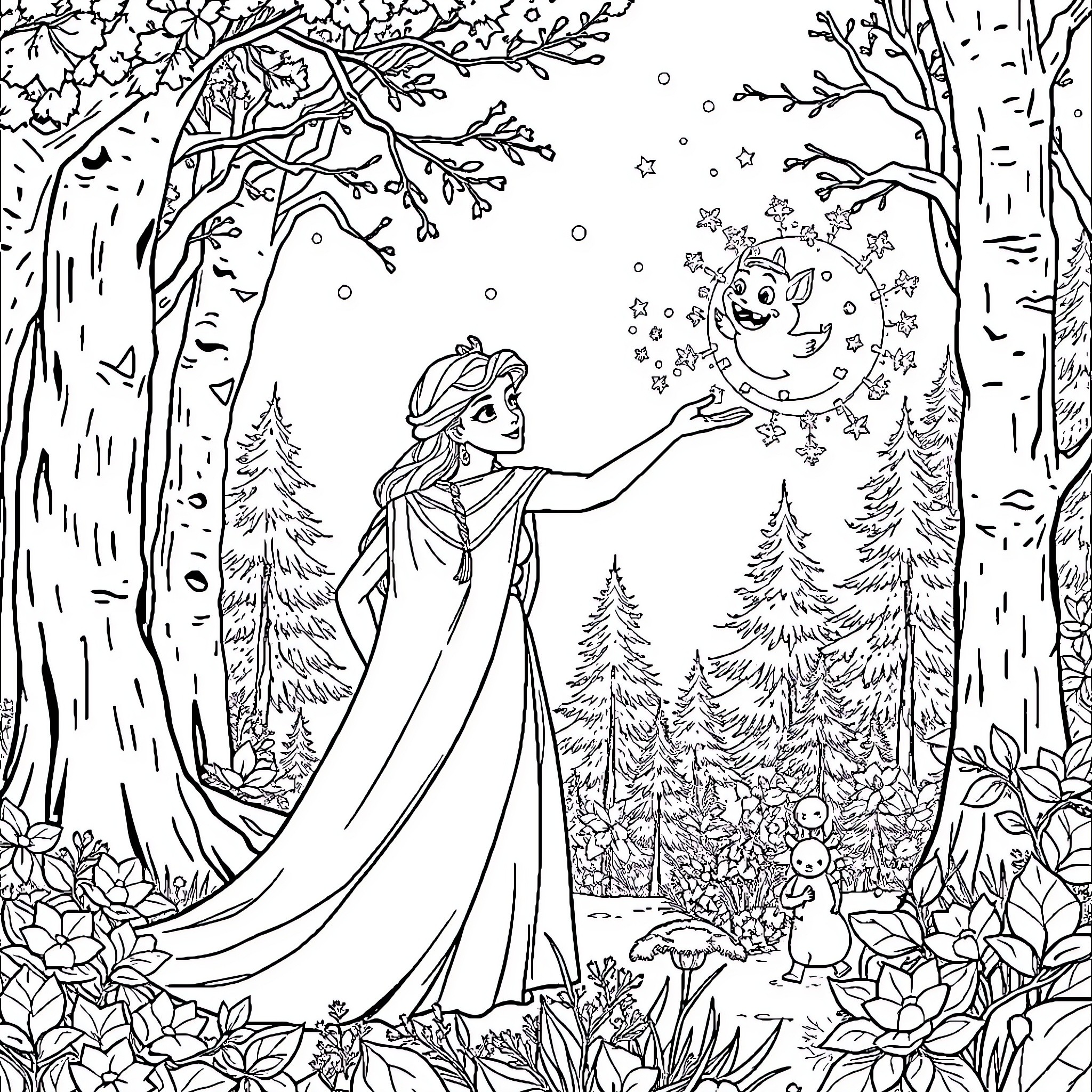 Queen's Magical Winter Wonderland Coloring Page (free black-and-white line drawing printable PDF for all, from beginners to advanced learners, including children, teens, adults, and seniors)