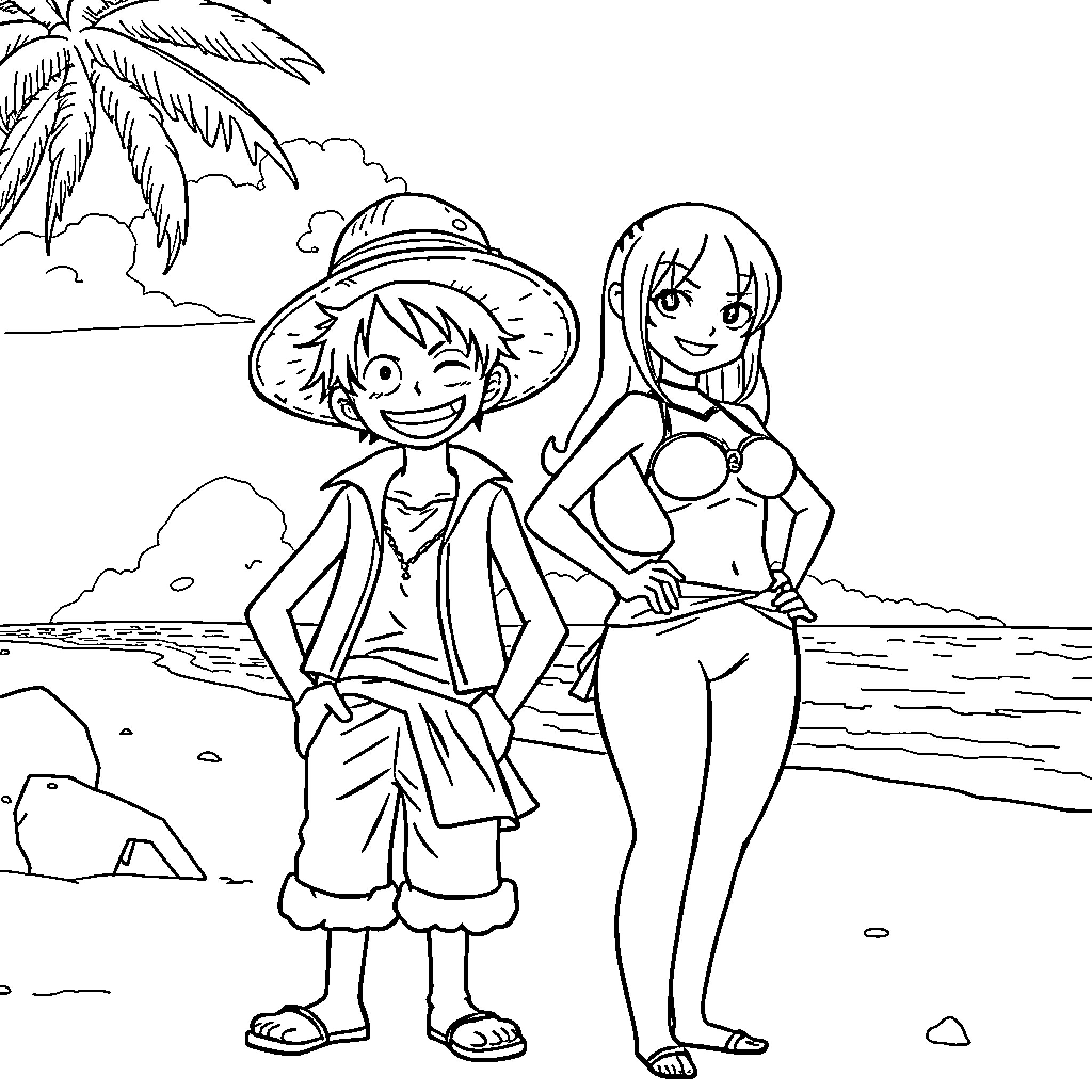 Luffy and friend enjoying a beach day Coloring Page (free black-and-white line drawing printable PDF for all, from beginners to advanced learners, including children, teens, adults, and seniors)
