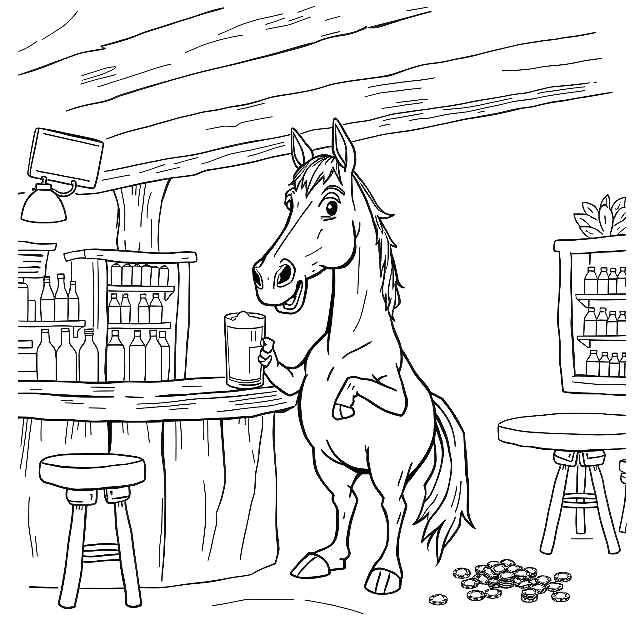 Racehorse standing at the bar in a stable Coloring Page (free black-and-white line drawing printable PDF for all, from beginners to advanced learners, including children, teens, adults, and seniors)