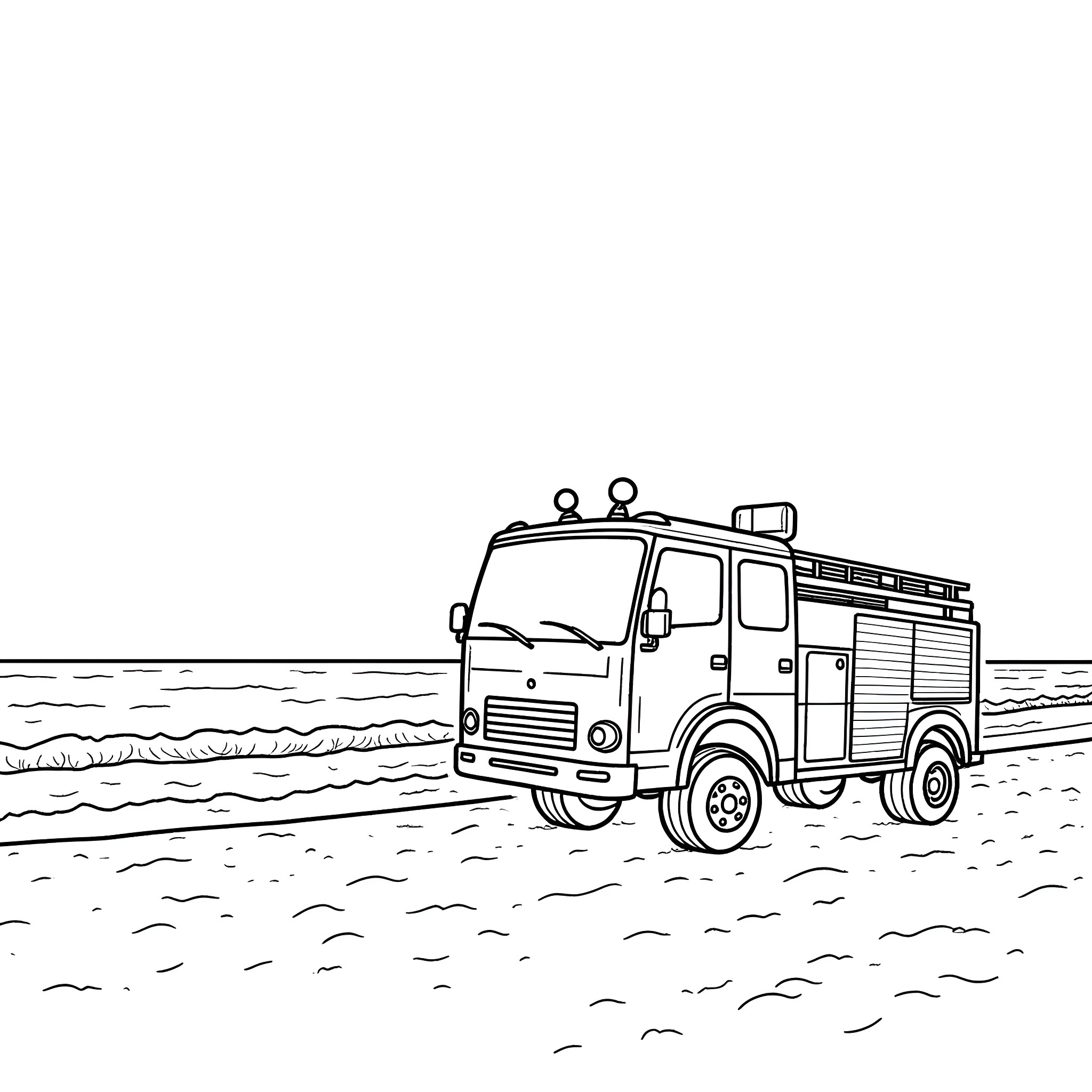Firetruck responding to emergency on the beach Coloring Page (free black-and-white line drawing printable PDF for all, from beginners to advanced learners, including children, teens, adults, and seniors)