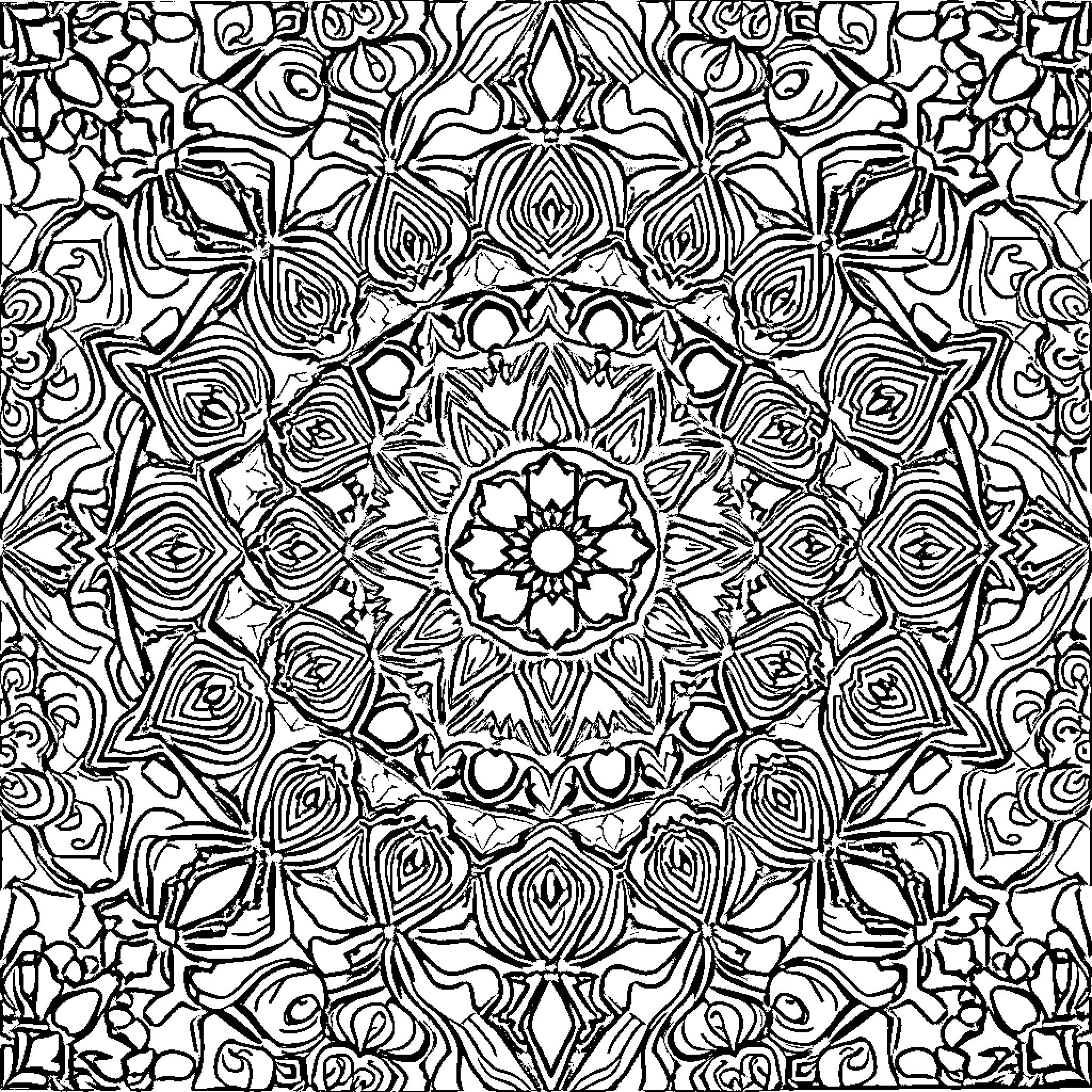 Mosaic of intricate floral and geometric patterns Coloring Page (free black-and-white line drawing printable PDF for all, from beginners to advanced learners, including children, teens, adults, and seniors)