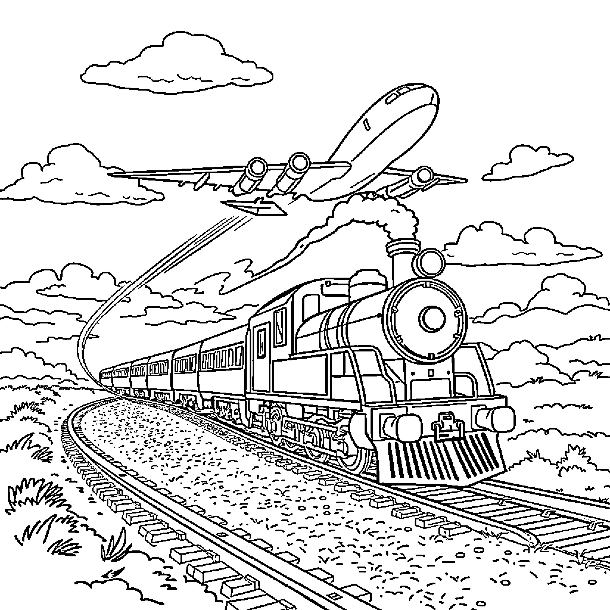 Airplane and Train Traveling through the Countryside Coloring Page (free black-and-white line drawing printable PDF for all, from beginners to advanced learners, including children, teens, adults, and seniors)