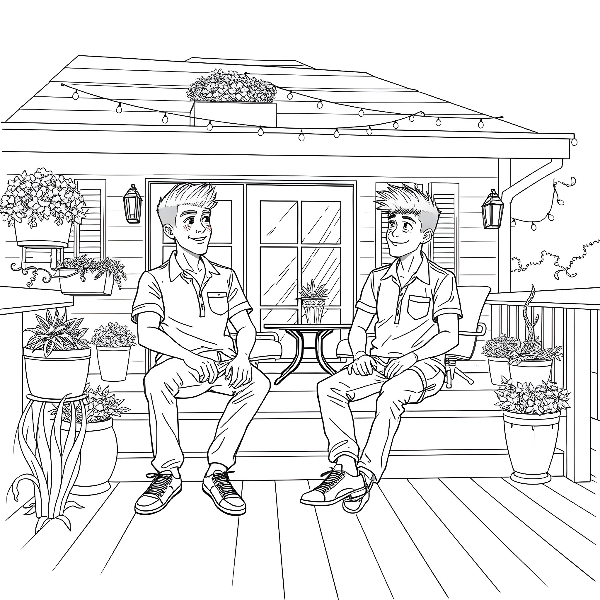 Teen Guys Relaxing on Porch of Rustic Cabin Coloring Page (free black-and-white line drawing printable PDF for all, from beginners to advanced learners, including children, teens, adults, and seniors)