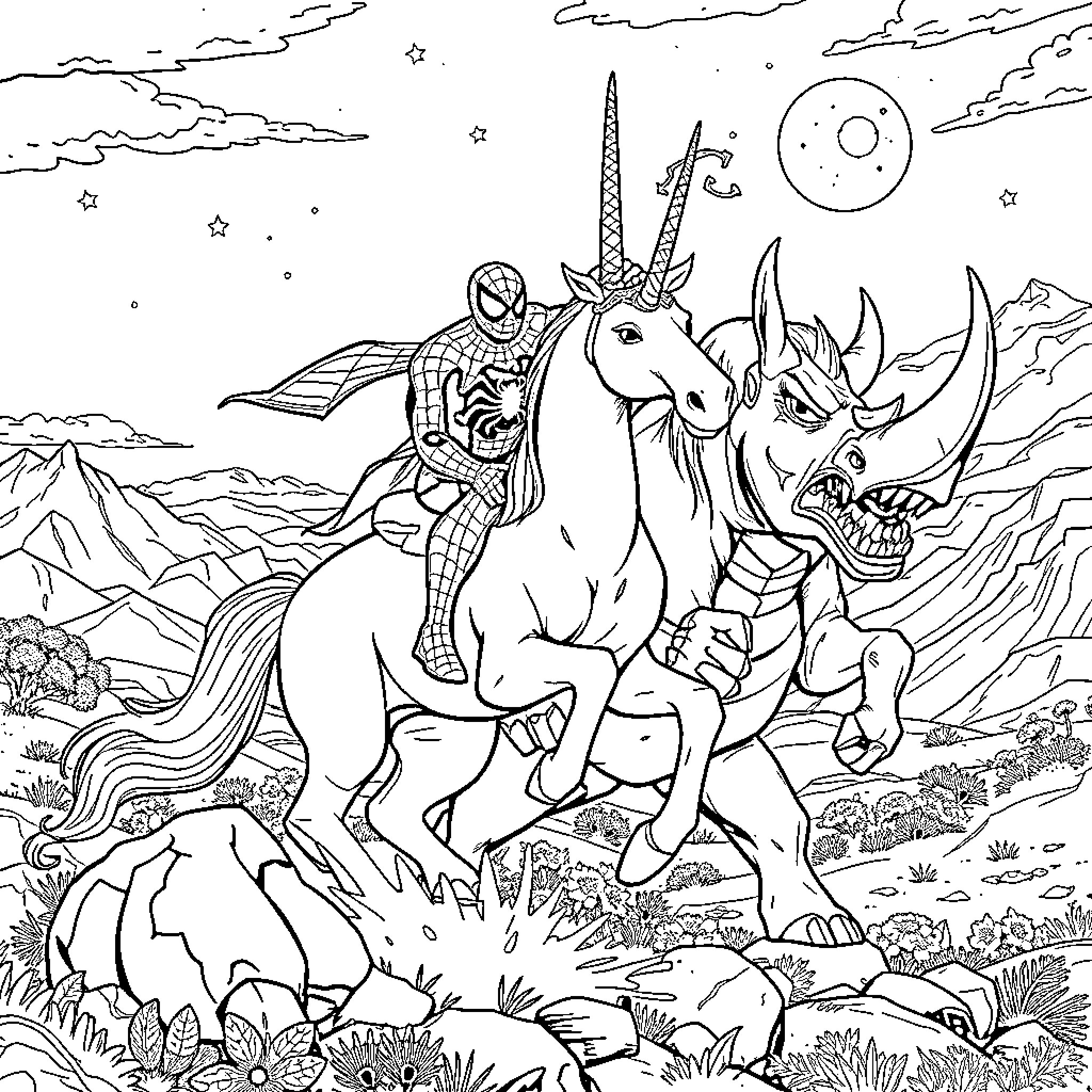 Spiderman riding a unicorn and fighting a dragon Coloring Page (free black-and-white line drawing printable PDF for all, from beginners to advanced learners, including children, teens, adults, and seniors)