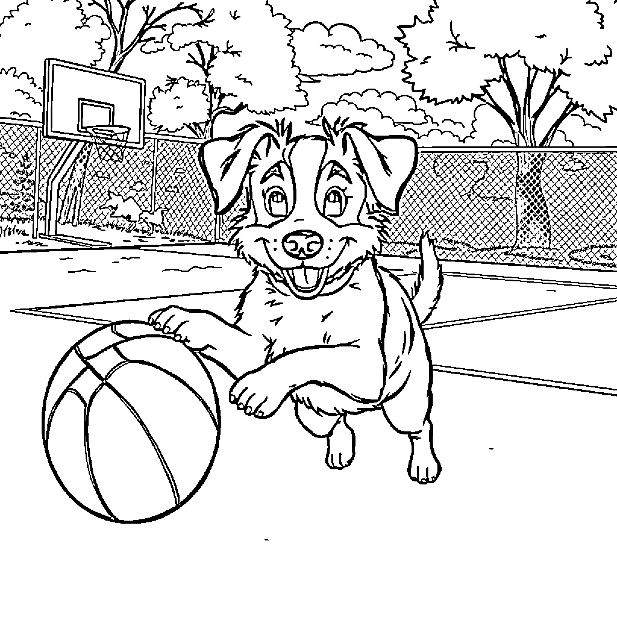 Dog playing with basketball on sports court Coloring Page (free black-and-white line drawing printable PDF for all, from beginners to advanced learners, including children, teens, adults, and seniors)