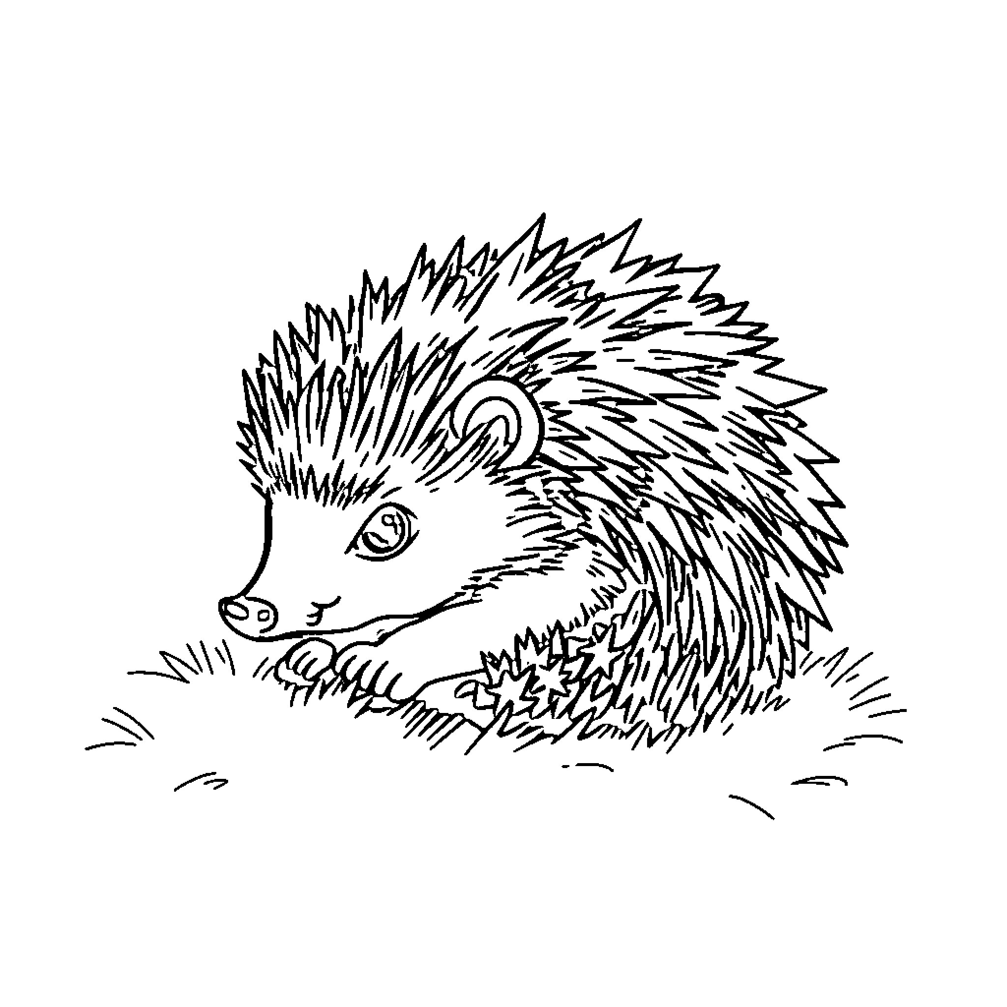 Hedgehog resting peacefully in grass Coloring Page (free black-and-white line drawing printable PDF for all, from beginners to advanced learners, including children, teens, adults, and seniors)