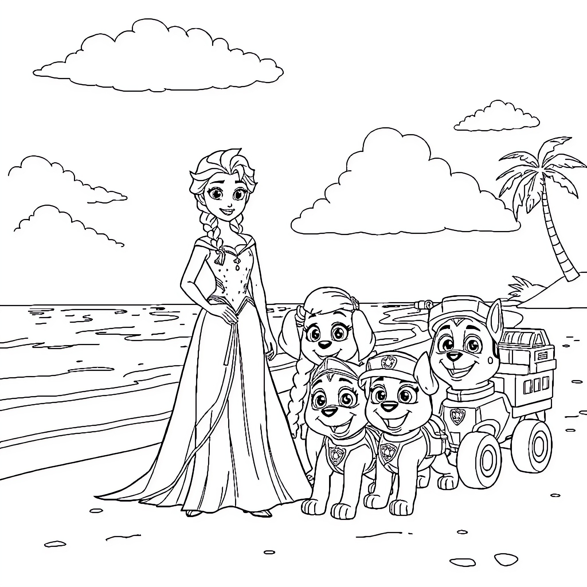 Elsa and her pup friends on a tropical beach Coloring Page (free black-and-white line drawing printable PDF for all, from beginners to advanced learners, including children, teens, adults, and seniors)