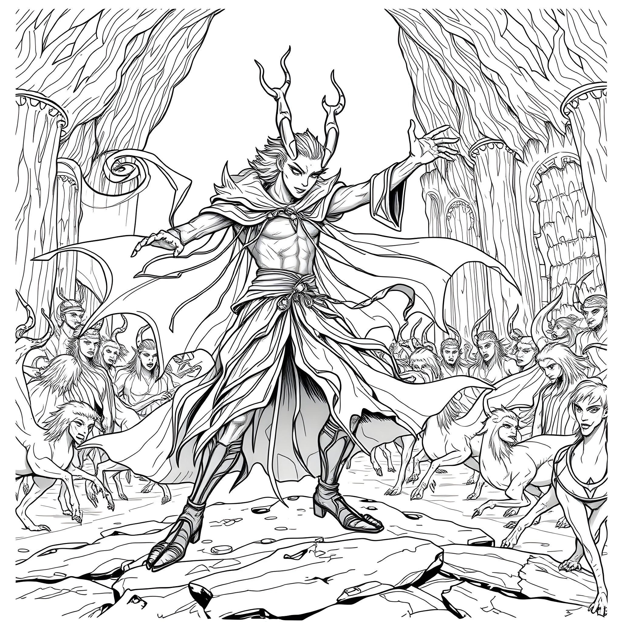 Morgot's Demonic Masquerade Coloring Page (free black-and-white line drawing printable PDF for all, from beginners to advanced learners, including children, teens, adults, and seniors)