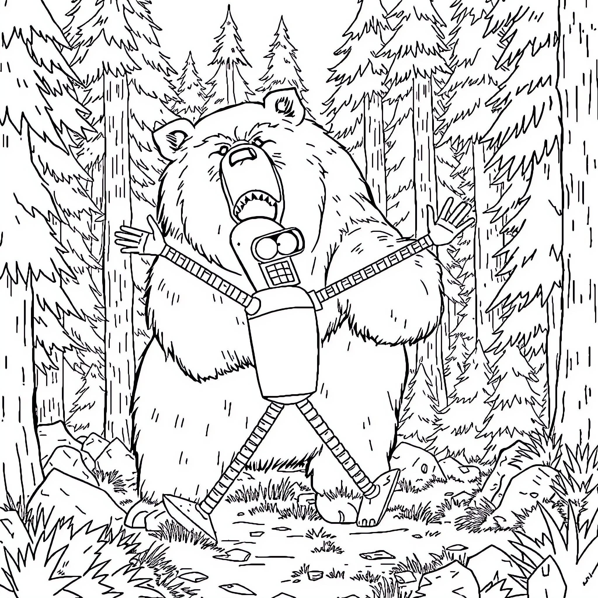 Bender the Bear Explores the Enchanted Forest Coloring Page (free black-and-white line drawing printable PDF for all, from beginners to advanced learners, including children, teens, adults, and seniors)