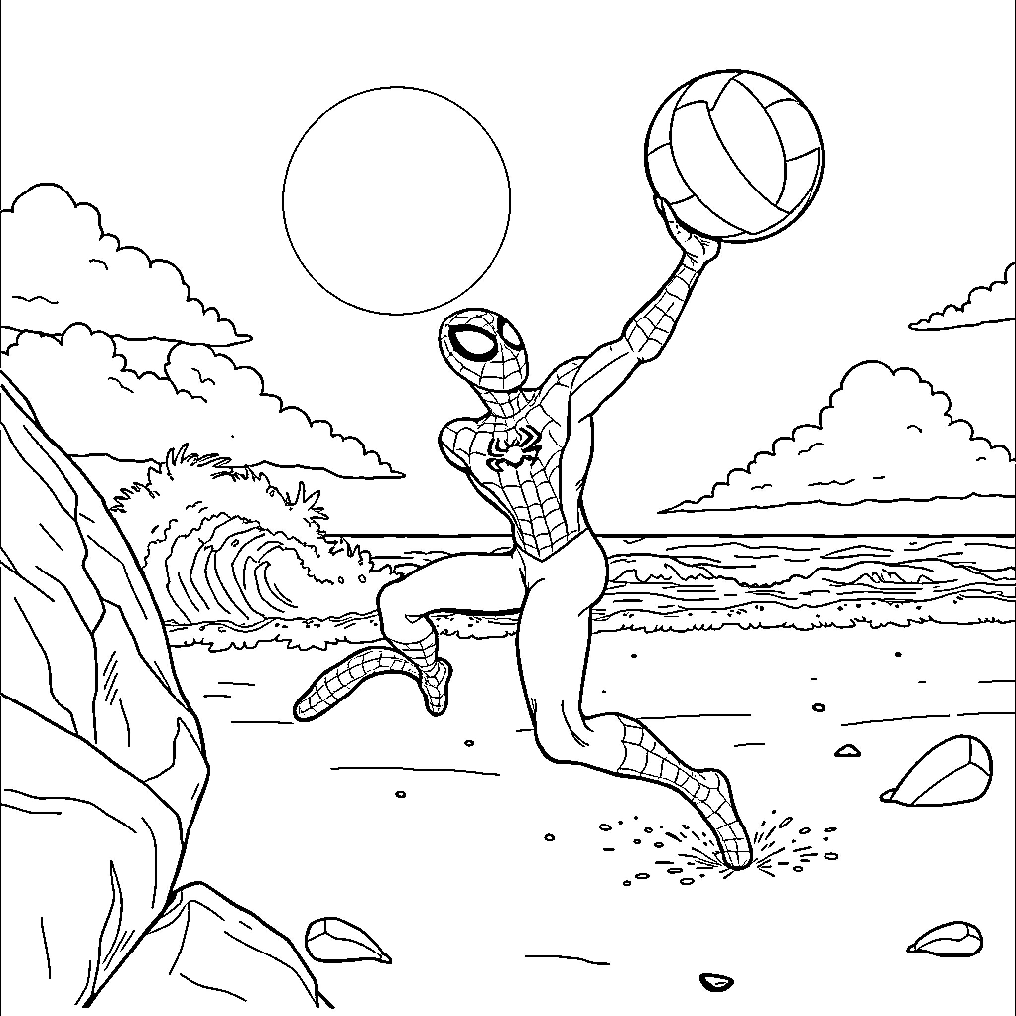 Spiderman swinging and playing volleyball at the beach Coloring Page (free black-and-white line drawing printable PDF for all, from beginners to advanced learners, including children, teens, adults, and seniors)