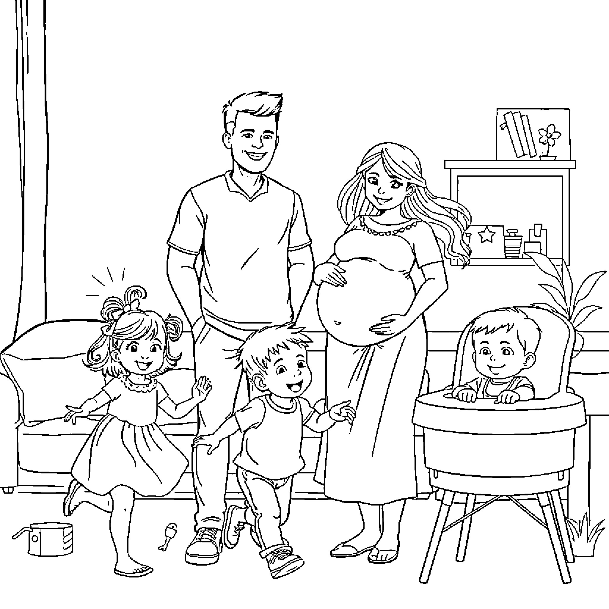 Family enjoying quality time at home Coloring Page (free black-and-white line drawing printable PDF for all, from beginners to advanced learners, including children, teens, adults, and seniors)