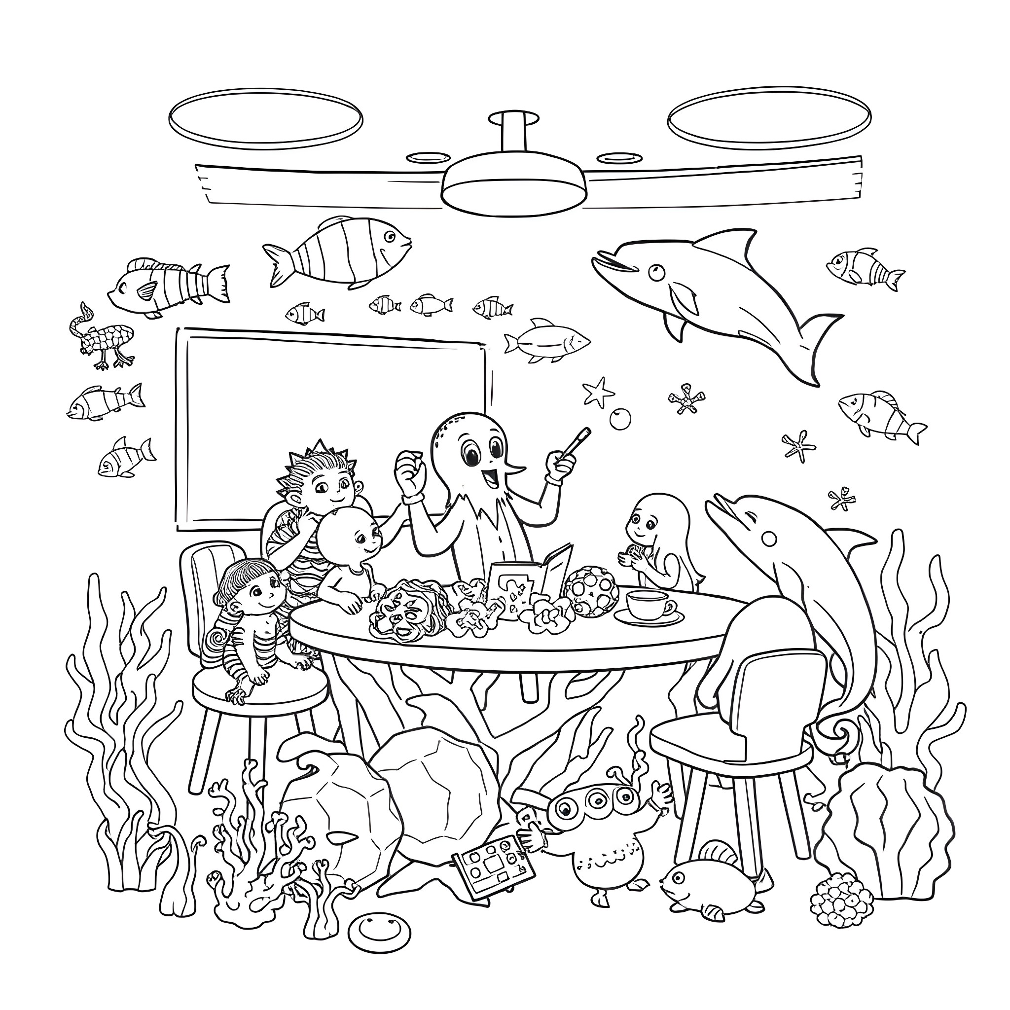 Sea Creature Family Enjoying Underwater Picnic Coloring Page (free black-and-white line drawing printable PDF for all, from beginners to advanced learners, including children, teens, adults, and seniors)